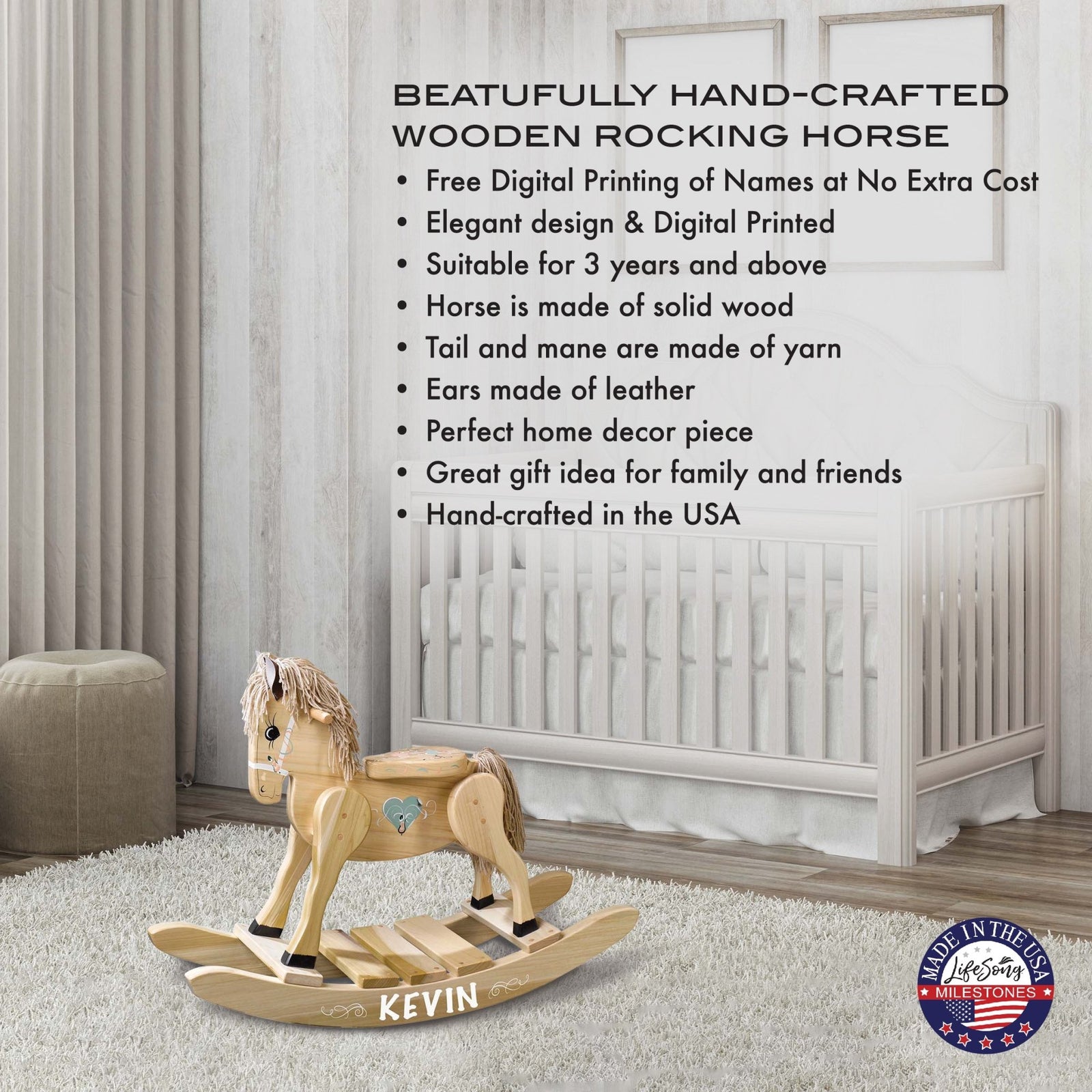 Personalized Wooden Amish Made Rocking Horse for Toddler Boys and Girls| Ride On Toy for Kids Birthday Keepsake Home Decor - LifeSong Milestones