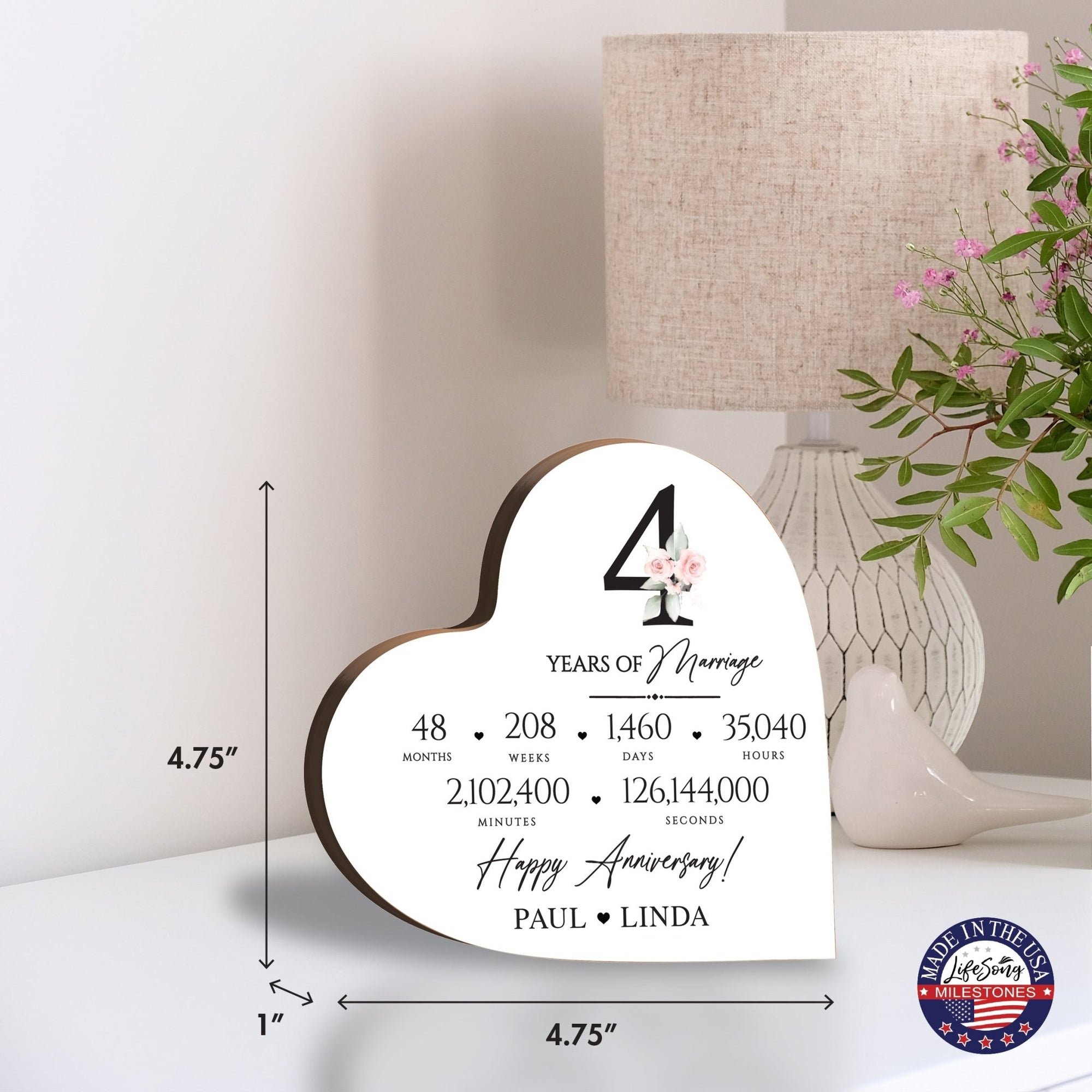 Personalized Wooden Anniversary Heart Shaped Signs - 4th Anniversary - LifeSong Milestones