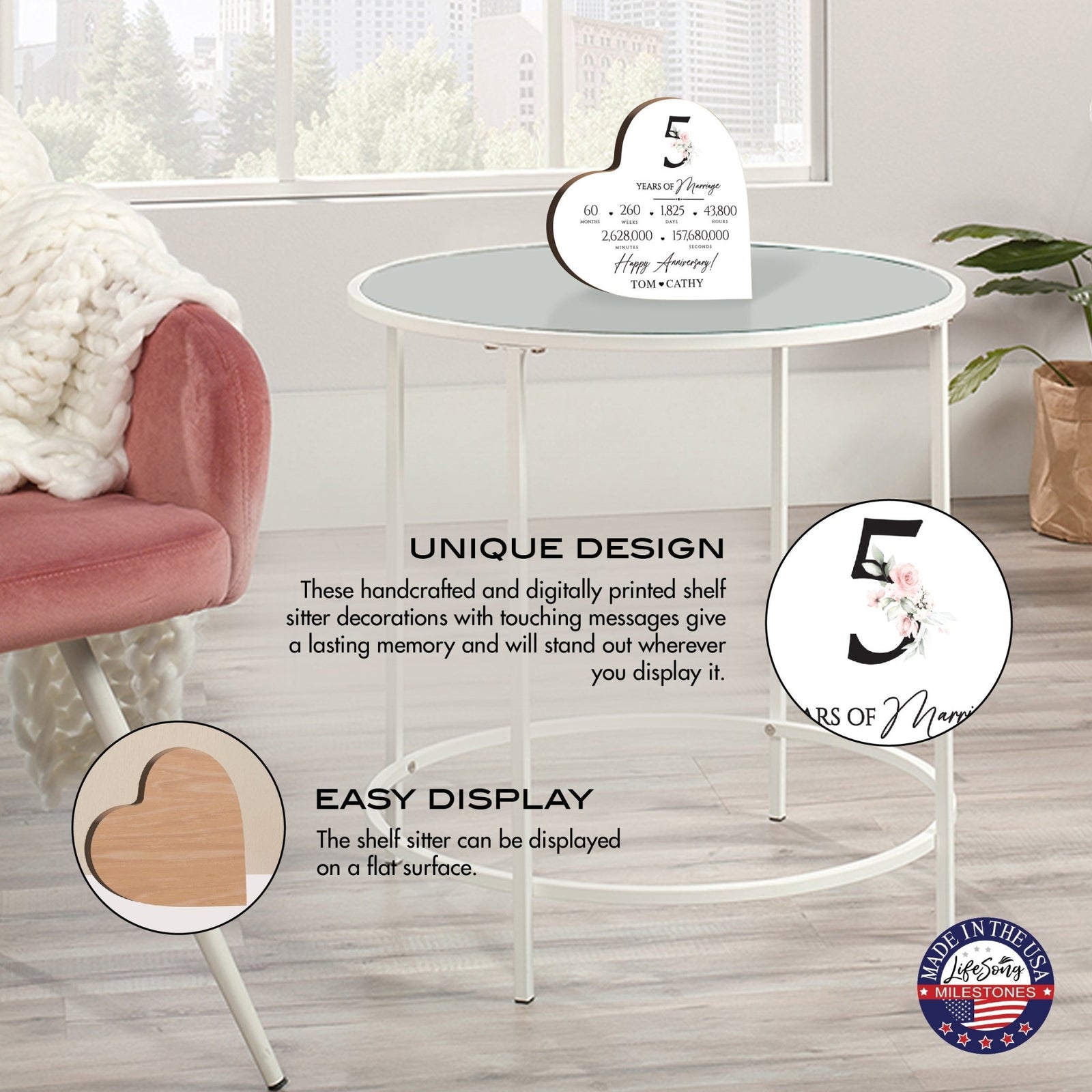 Personalized Wooden Anniversary Heart Shaped Signs - 5th Anniversary - LifeSong Milestones