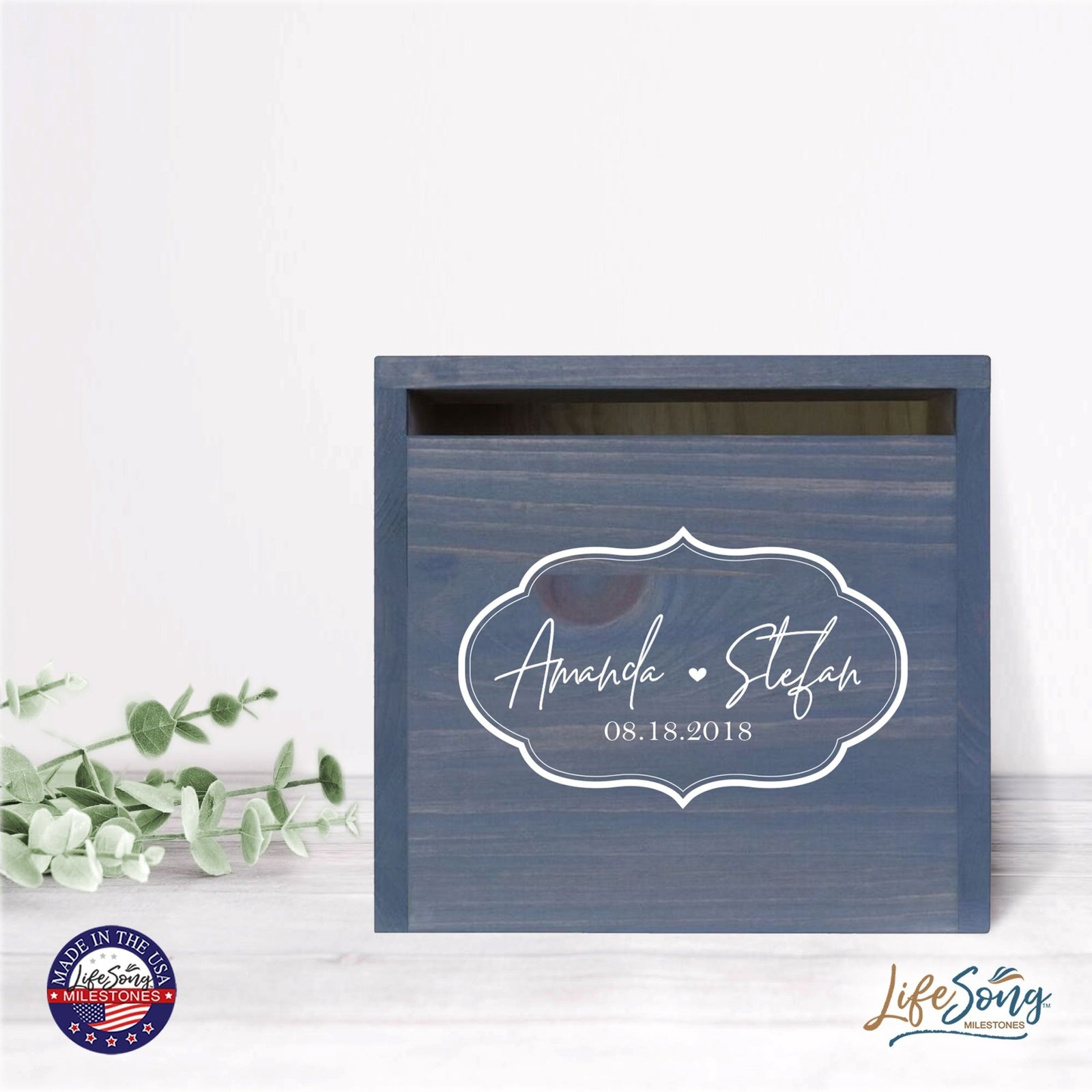 Personalized Wooden Card Box for Wedding Ceremonies, Venues, Receptions, Bridal Showers, and Engagement Parties 13.5x12 - Amanda & Stefan (Borders) - LifeSong Milestones