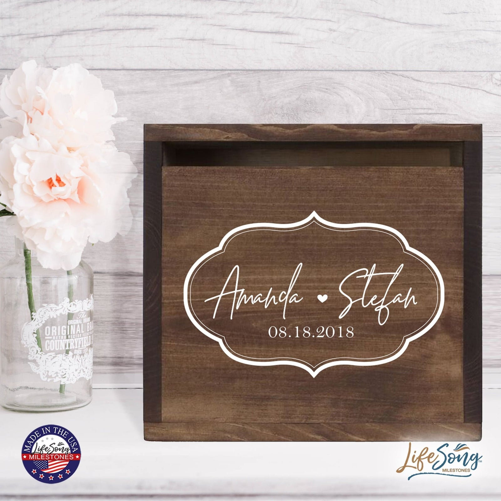 Personalized Wooden Card Box for Wedding Ceremonies, Venues, Receptions, Bridal Showers, and Engagement Parties 13.5x12 - Amanda & Stefan (Borders) - LifeSong Milestones