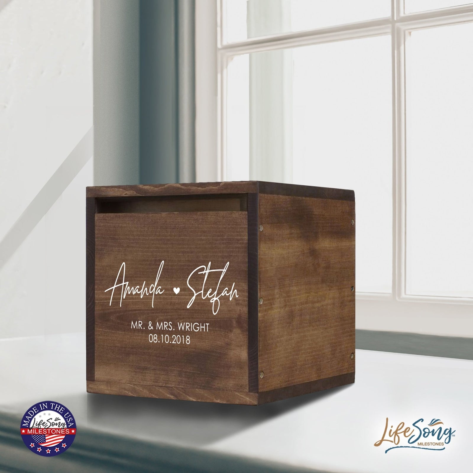 Personalized Wooden Card Box for Wedding Ceremonies, Venues, Receptions, Bridal Showers, and Engagement Parties 13.5x12 - Amanda & Stefan (Heart) - LifeSong Milestones
