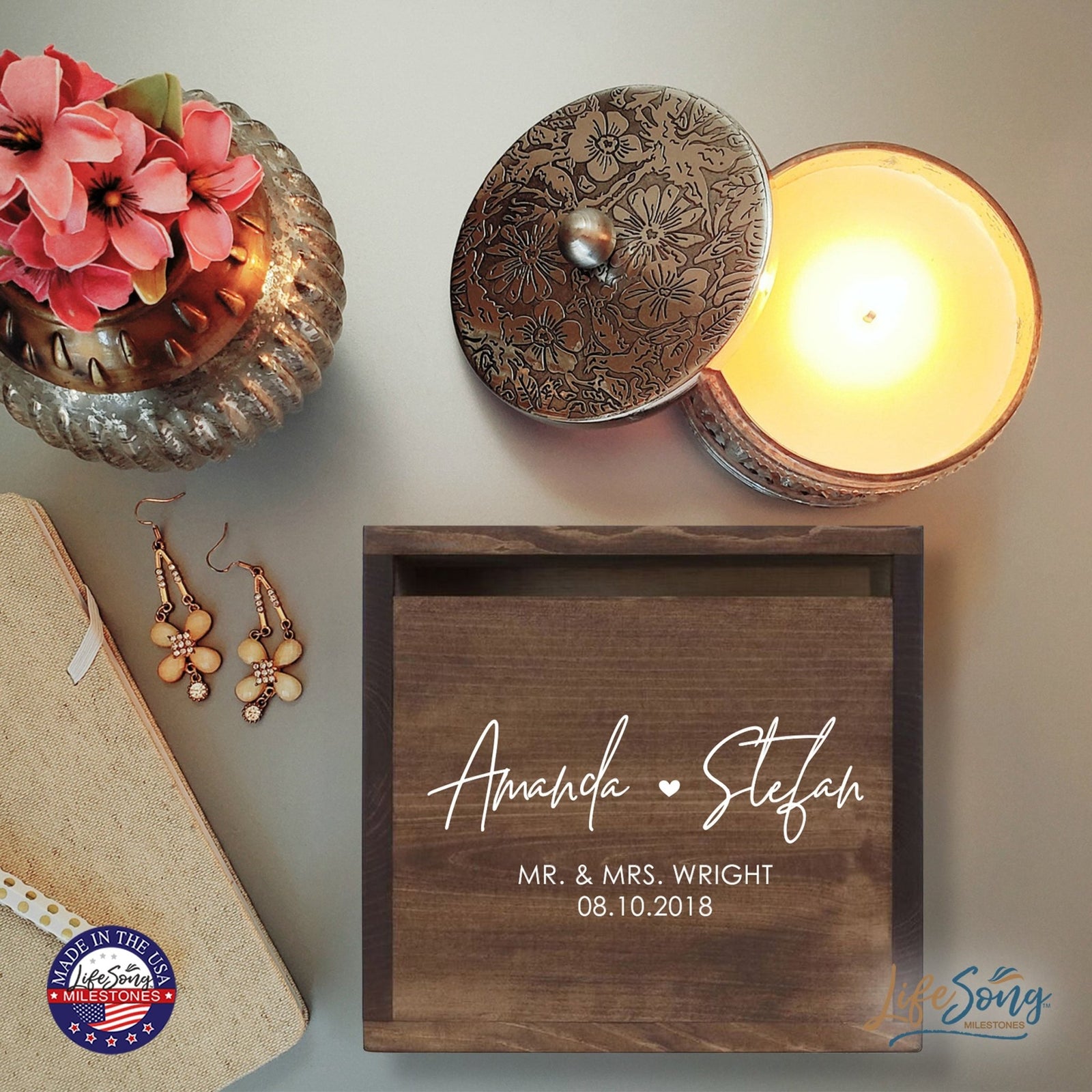 Personalized Wooden Card Box for Wedding Ceremonies, Venues, Receptions, Bridal Showers, and Engagement Parties 13.5x12 - Amanda & Stefan (Heart) - LifeSong Milestones