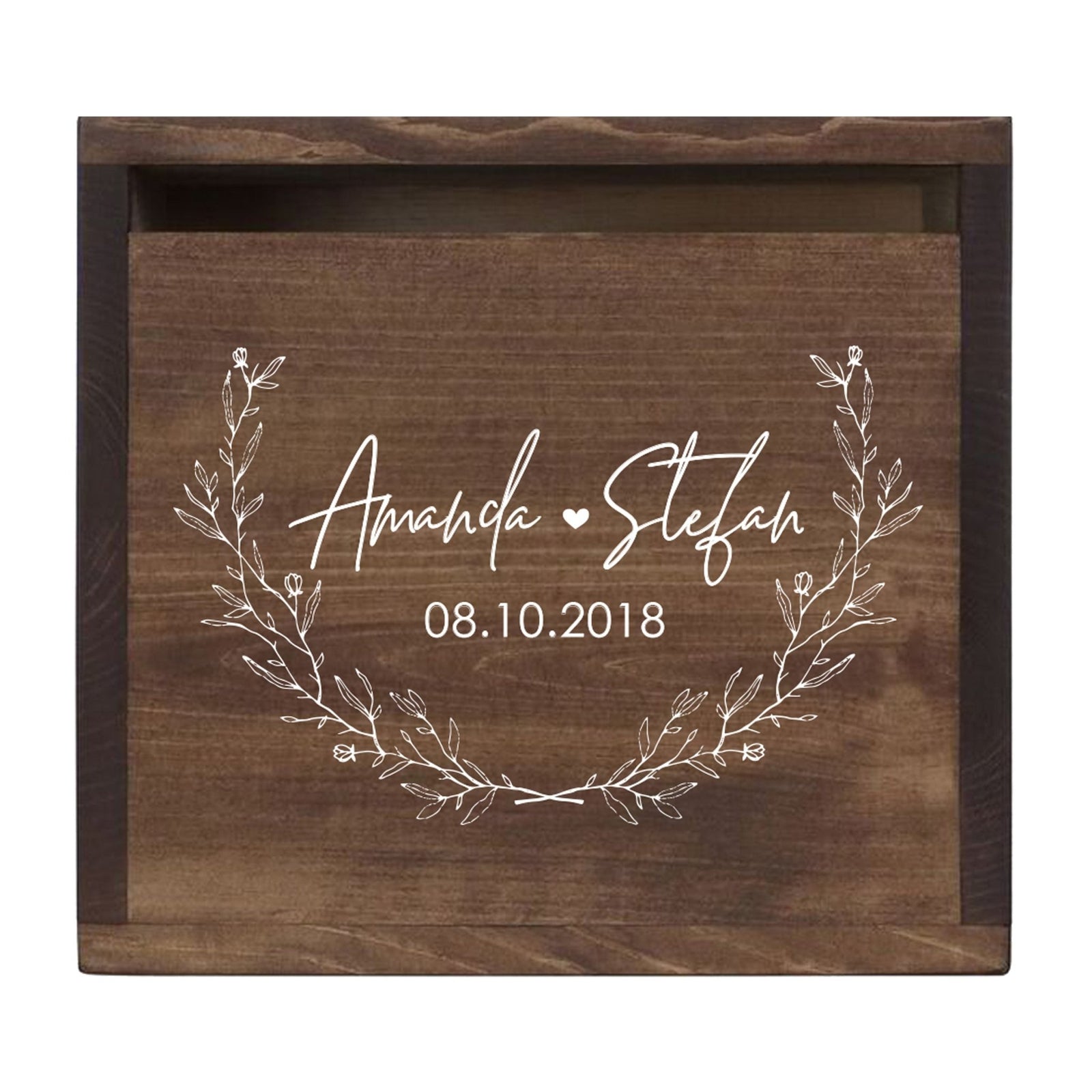 Personalized Wooden Card Box for Wedding Ceremonies, Venues, Receptions, Bridal Showers, and Engagement Parties 13.5x12 - Amanda & Stefan (Leaves) - LifeSong Milestones