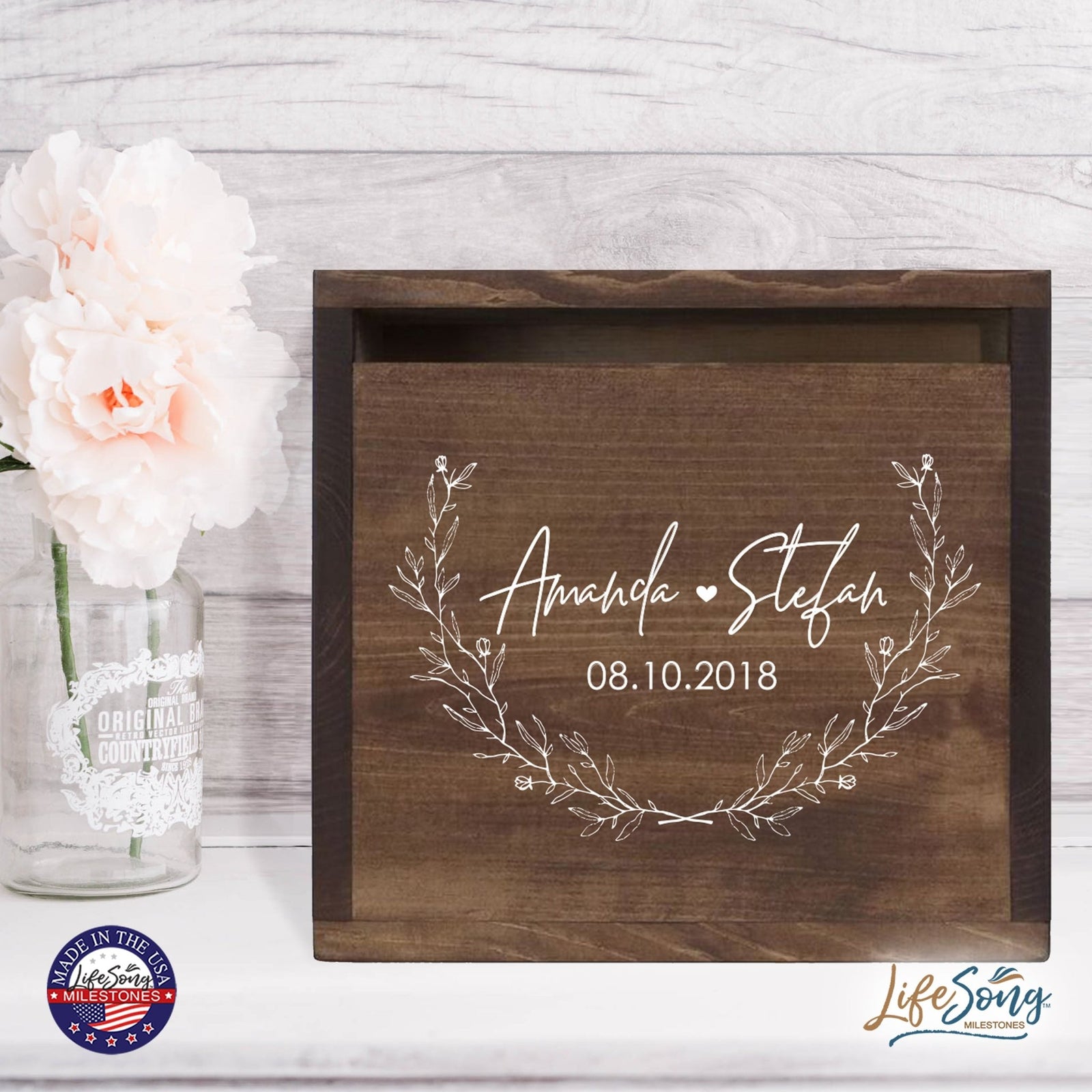 Personalized Wooden Card Box for Wedding Ceremonies, Venues, Receptions, Bridal Showers, and Engagement Parties 13.5x12 - Amanda & Stefan (Leaves) - LifeSong Milestones