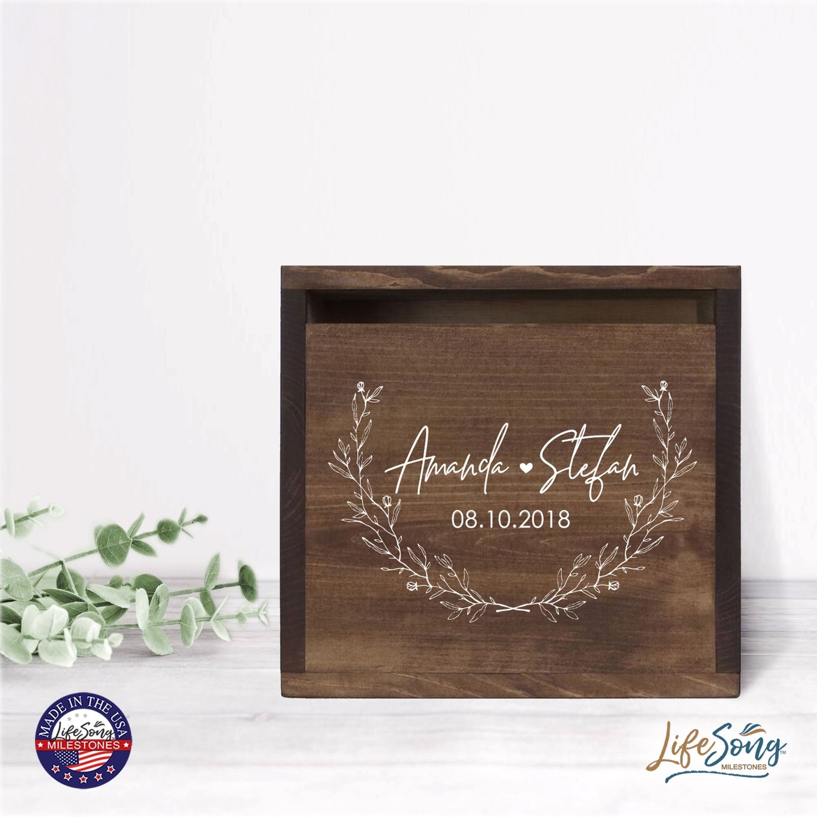 Personalized Wooden Card Box for Wedding Ceremonies, Venues, Receptions, Bridal Showers, and Engagement Parties 13.5x12 - Amanda & Stefan (Leaves) - LifeSong Milestones