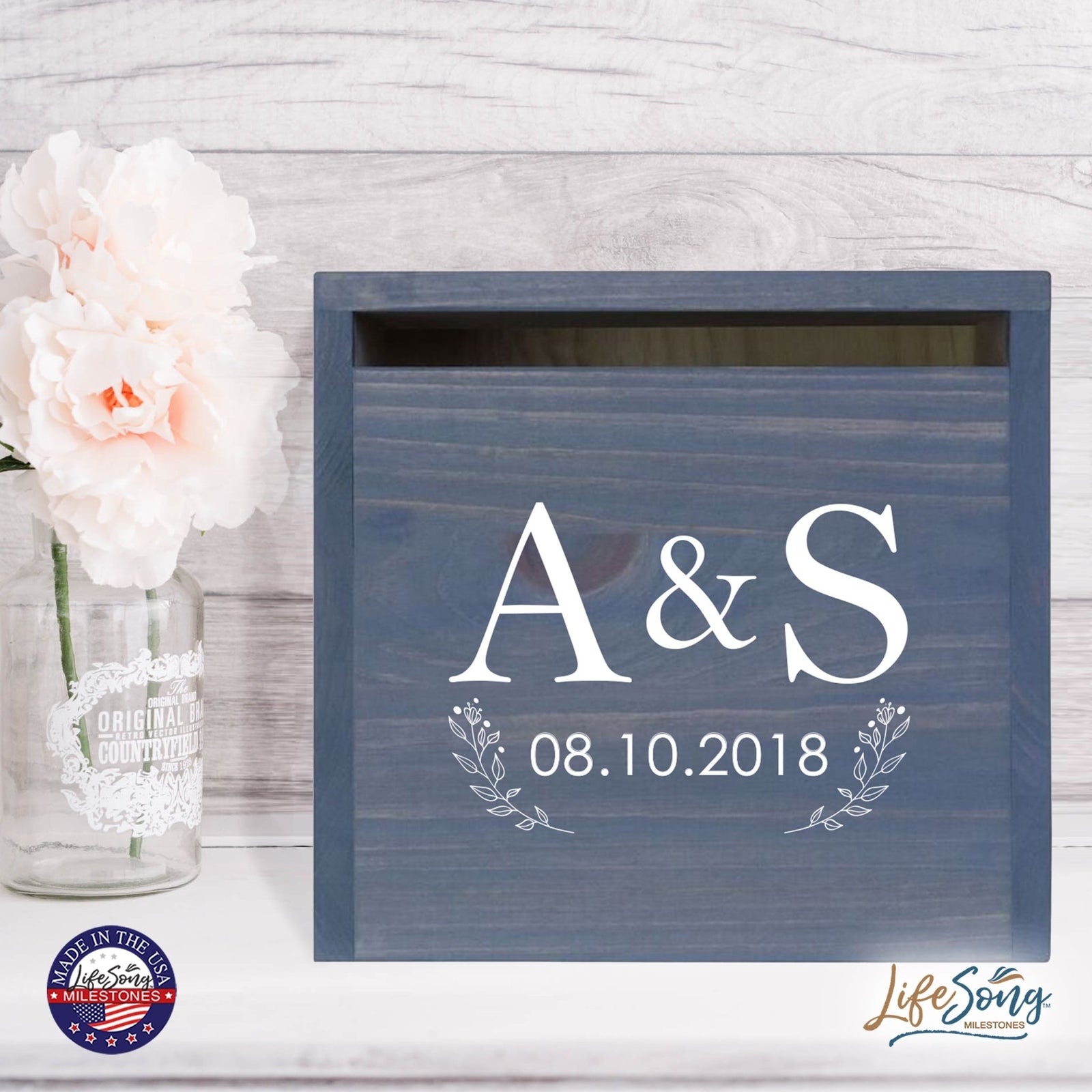 Personalized Wooden Card Box for Wedding Ceremonies, Venues, Receptions, Bridal Showers, and Engagement Parties 13.5x12 - A&S (Flowers) - LifeSong Milestones