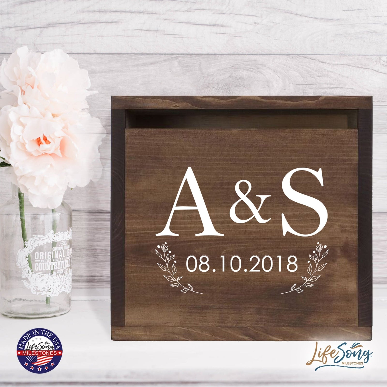 Personalized Wooden Card Box for Wedding Ceremonies, Venues, Receptions, Bridal Showers, and Engagement Parties 13.5x12 - A&S (Flowers) - LifeSong Milestones