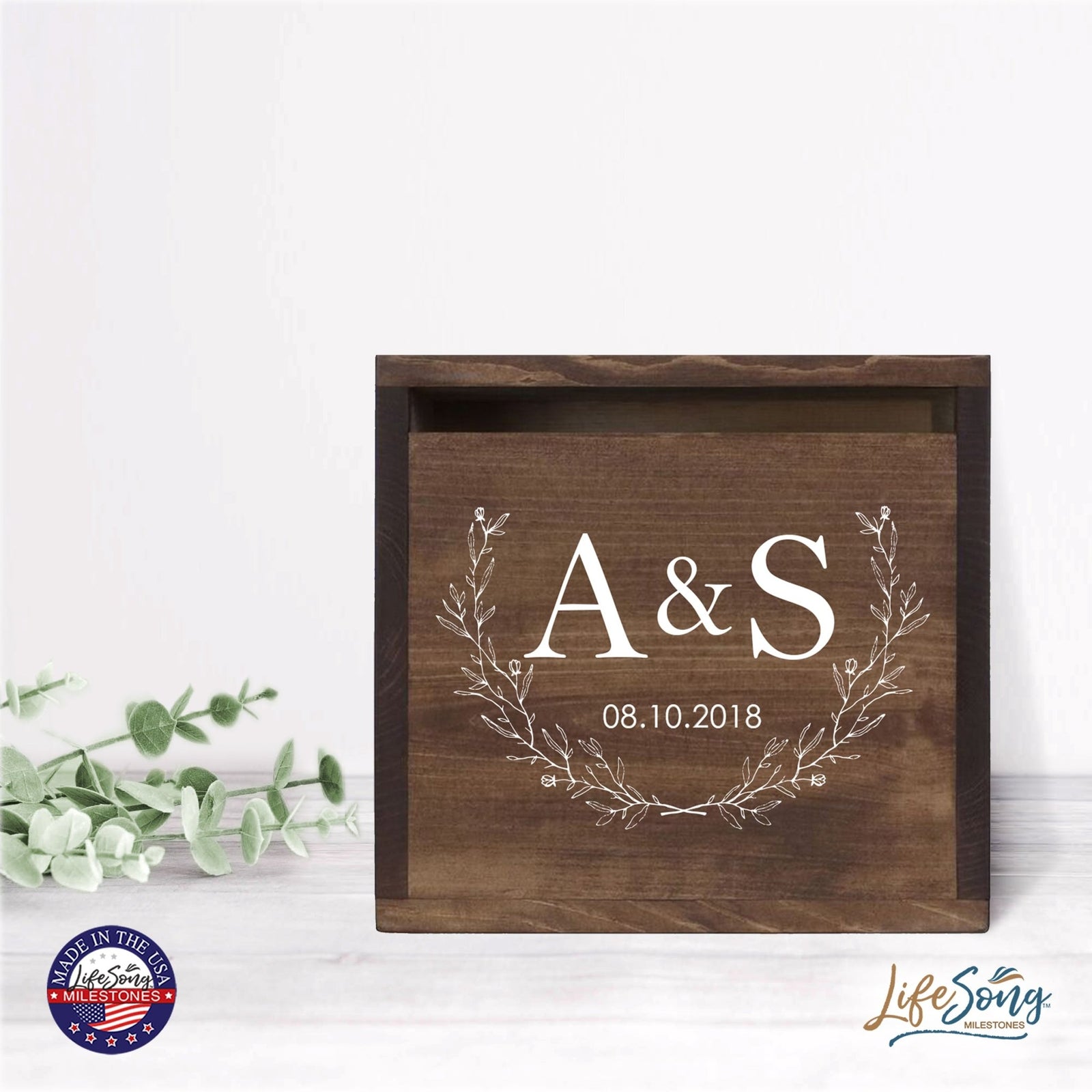 Personalized Wooden Card Box for Wedding Ceremonies, Venues, Receptions, Bridal Showers, and Engagement Parties 13.5x12 - A&S (Leaves) - LifeSong Milestones