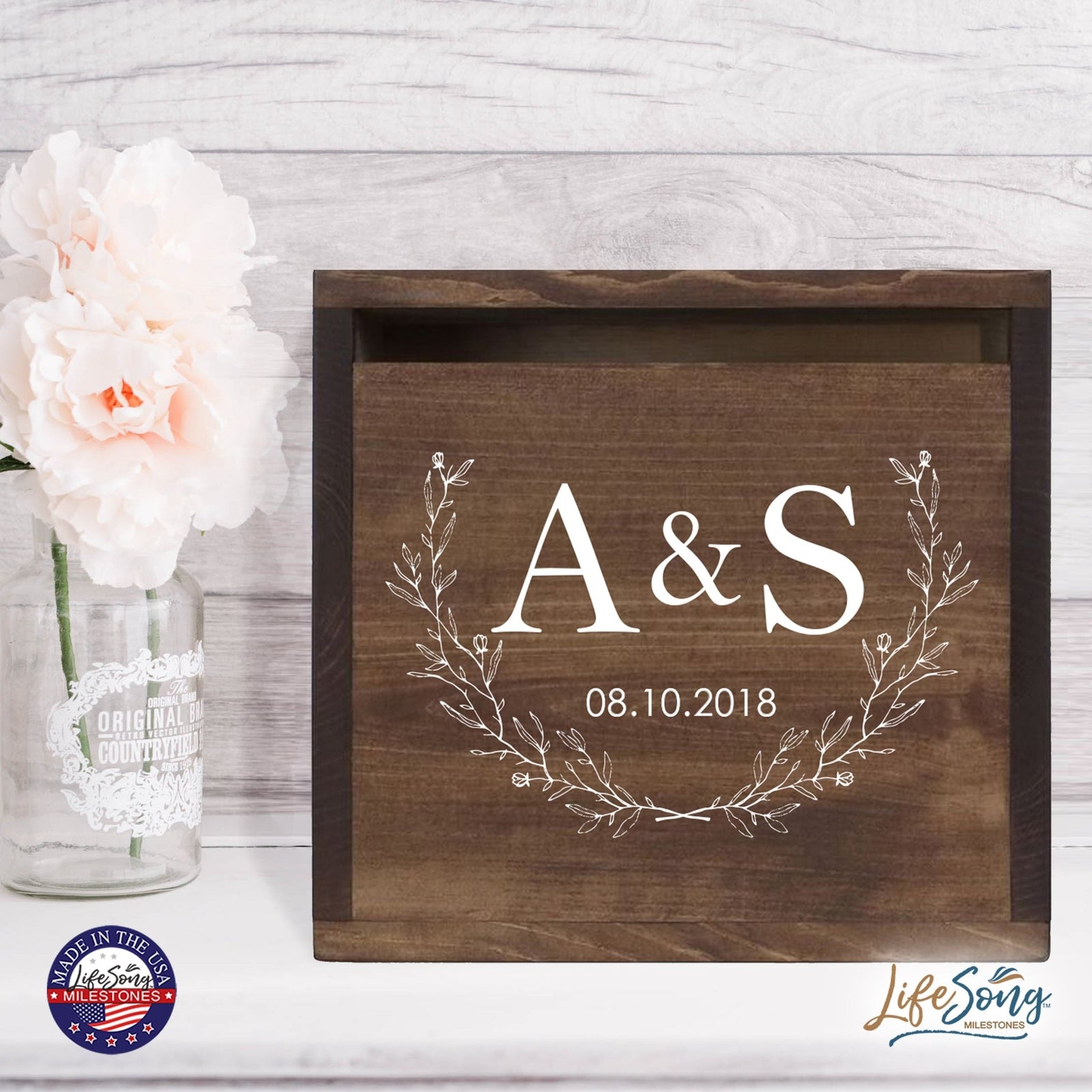 Personalized Wooden Card Box for Wedding Ceremonies, Venues, Receptions, Bridal Showers, and Engagement Parties 13.5x12 - A&S (Leaves) - LifeSong Milestones
