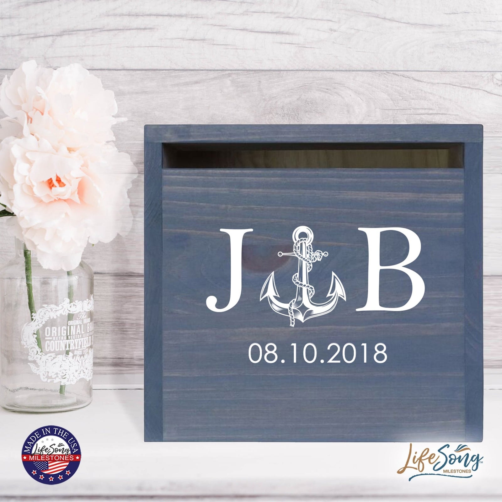 Personalized Wooden Card Box for Wedding Ceremonies, Venues, Receptions, Bridal Showers, and Engagement Parties 13.5x12 - J&B (Anchor) - LifeSong Milestones