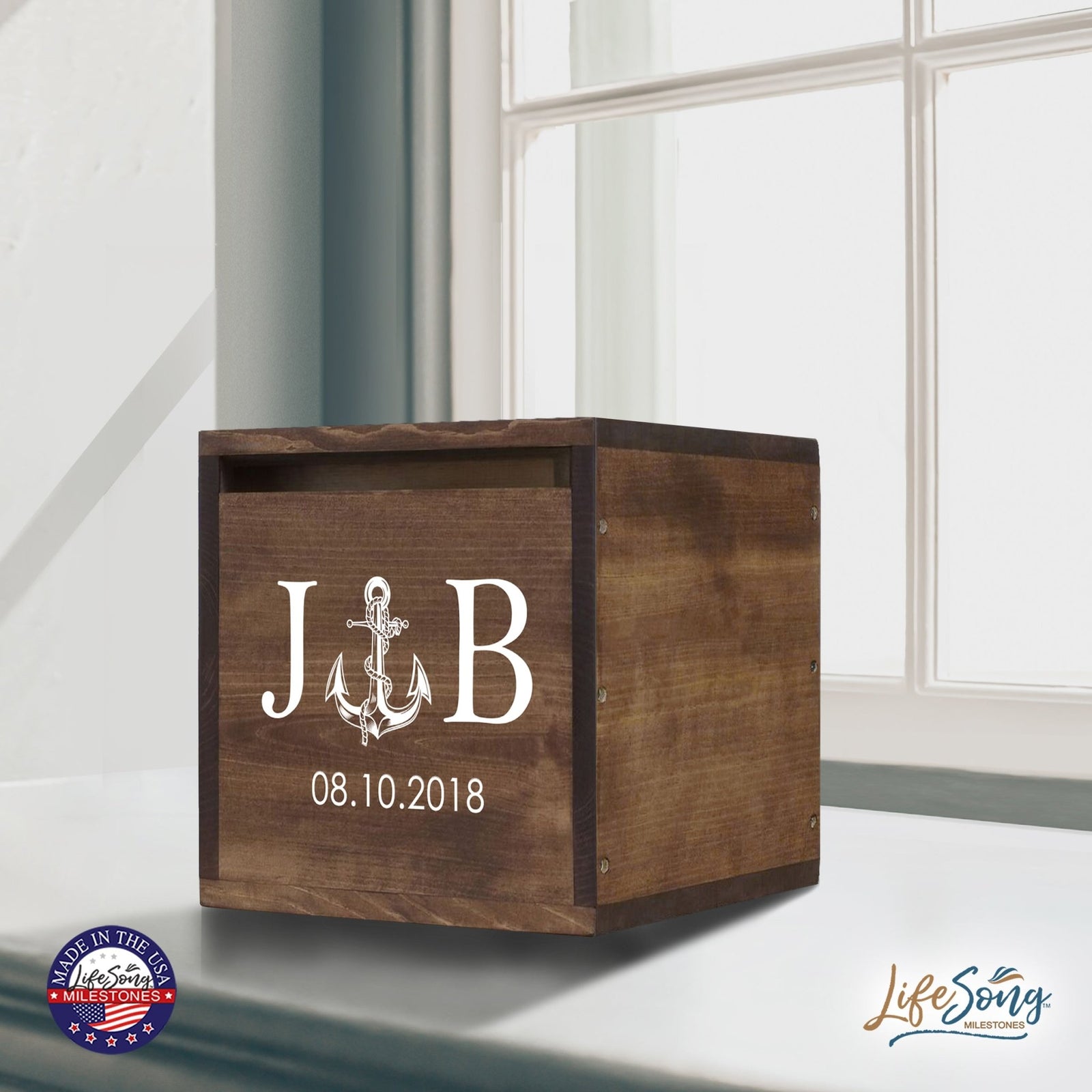 Personalized Wooden Card Box for Wedding Ceremonies, Venues, Receptions, Bridal Showers, and Engagement Parties 13.5x12 - J&B (Anchor) - LifeSong Milestones