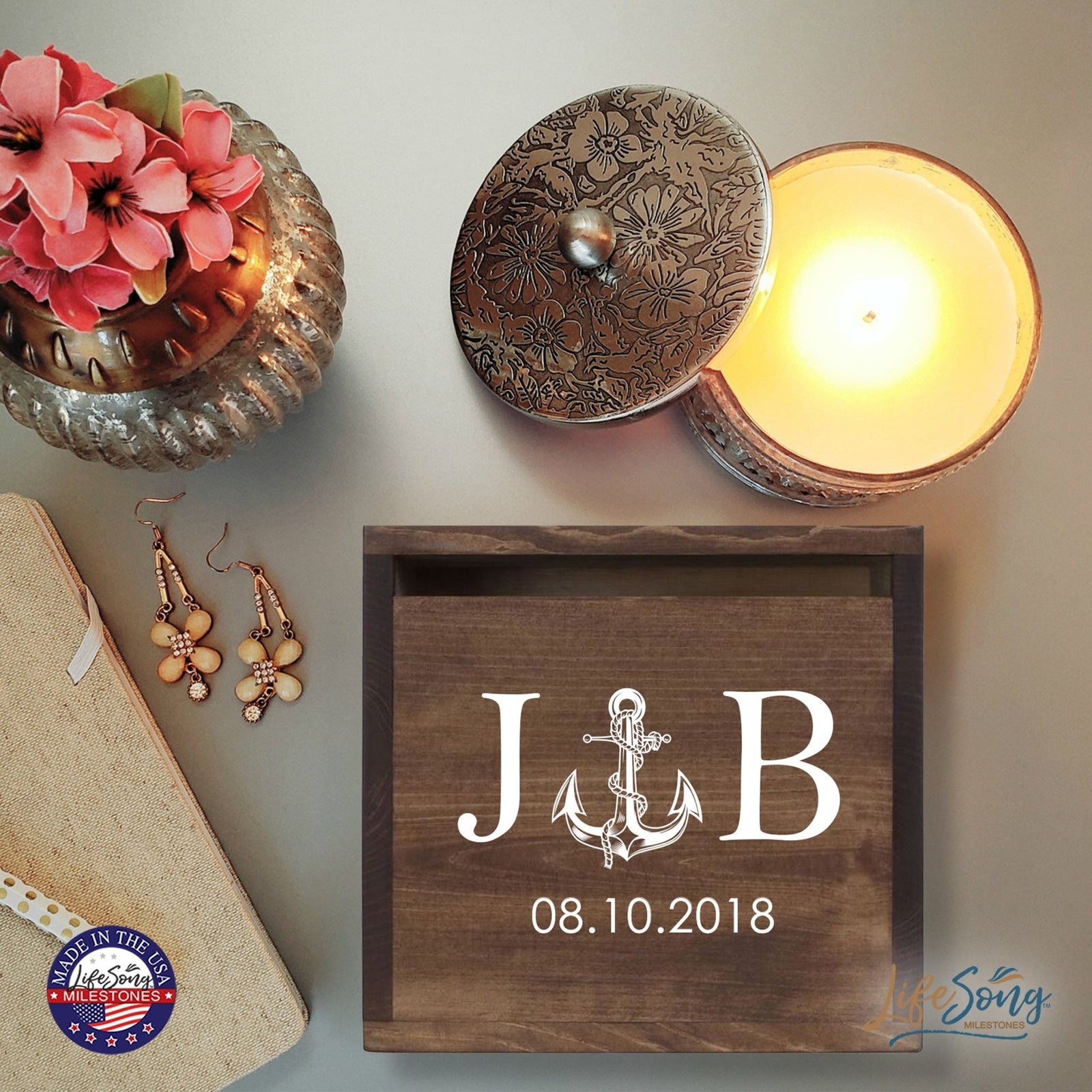 Personalized Wooden Card Box for Wedding Ceremonies, Venues, Receptions, Bridal Showers, and Engagement Parties 13.5x12 - J&B (Anchor) - LifeSong Milestones