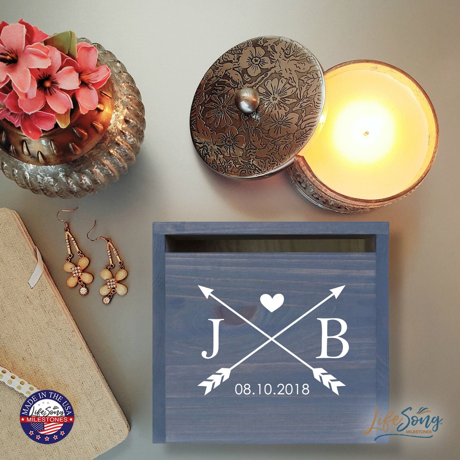 Personalized Wooden Card Box for Wedding Ceremonies, Venues, Receptions, Bridal Showers, and Engagement Parties 13.5x12 - J&B (Arrows) - LifeSong Milestones