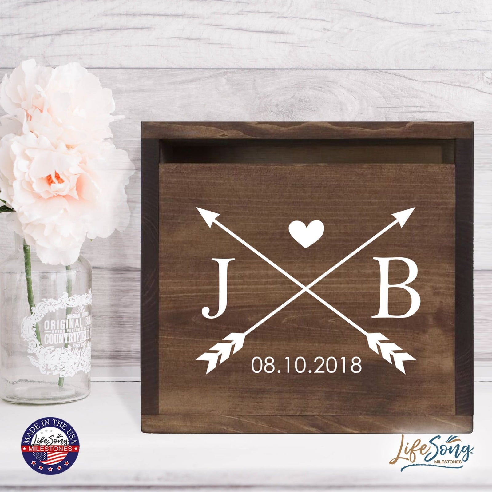 Personalized Wooden Card Box for Wedding Ceremonies, Venues, Receptions, Bridal Showers, and Engagement Parties 13.5x12 - J&B (Arrows) - LifeSong Milestones
