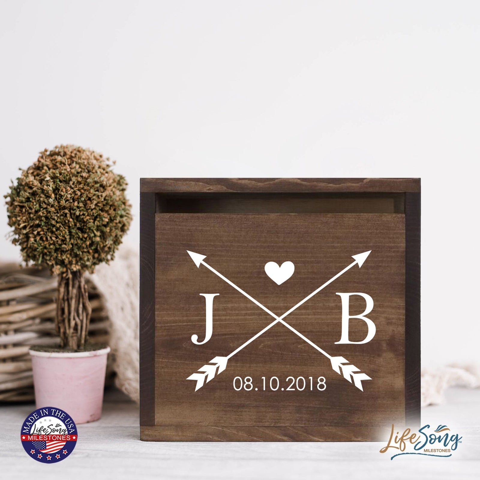 Personalized Wooden Card Box for Wedding Ceremonies, Venues, Receptions, Bridal Showers, and Engagement Parties 13.5x12 - J&B (Arrows) - LifeSong Milestones