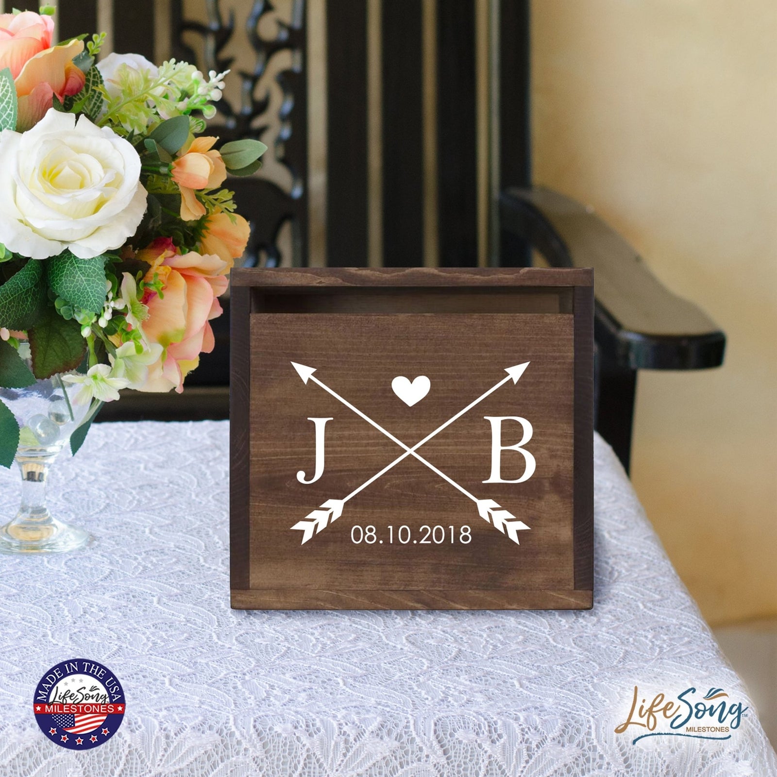 Personalized Wooden Card Box for Wedding Ceremonies, Venues, Receptions, Bridal Showers, and Engagement Parties 13.5x12 - J&B (Arrows) - LifeSong Milestones