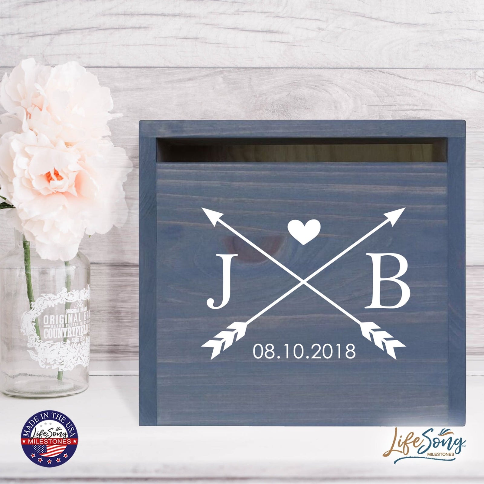 Personalized Wooden Card Box for Wedding Ceremonies, Venues, Receptions, Bridal Showers, and Engagement Parties 13.5x12 - J&B (Arrows) - LifeSong Milestones