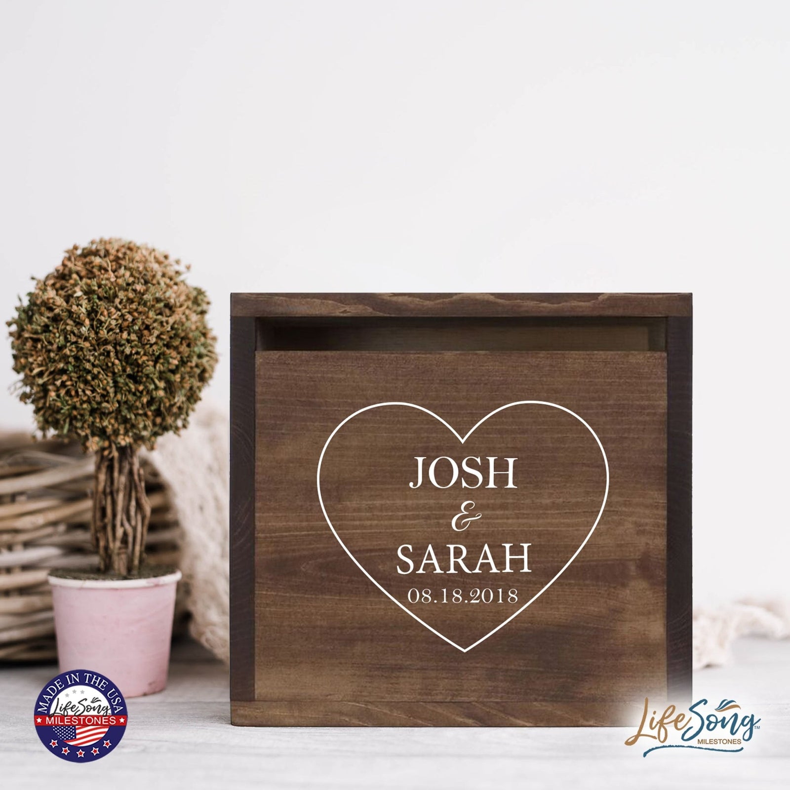 Personalized Wooden Card Box for Wedding Ceremonies, Venues, Receptions, Bridal Showers, and Engagement Parties 13.5x12 - Josh & Sarah (Heart) - LifeSong Milestones