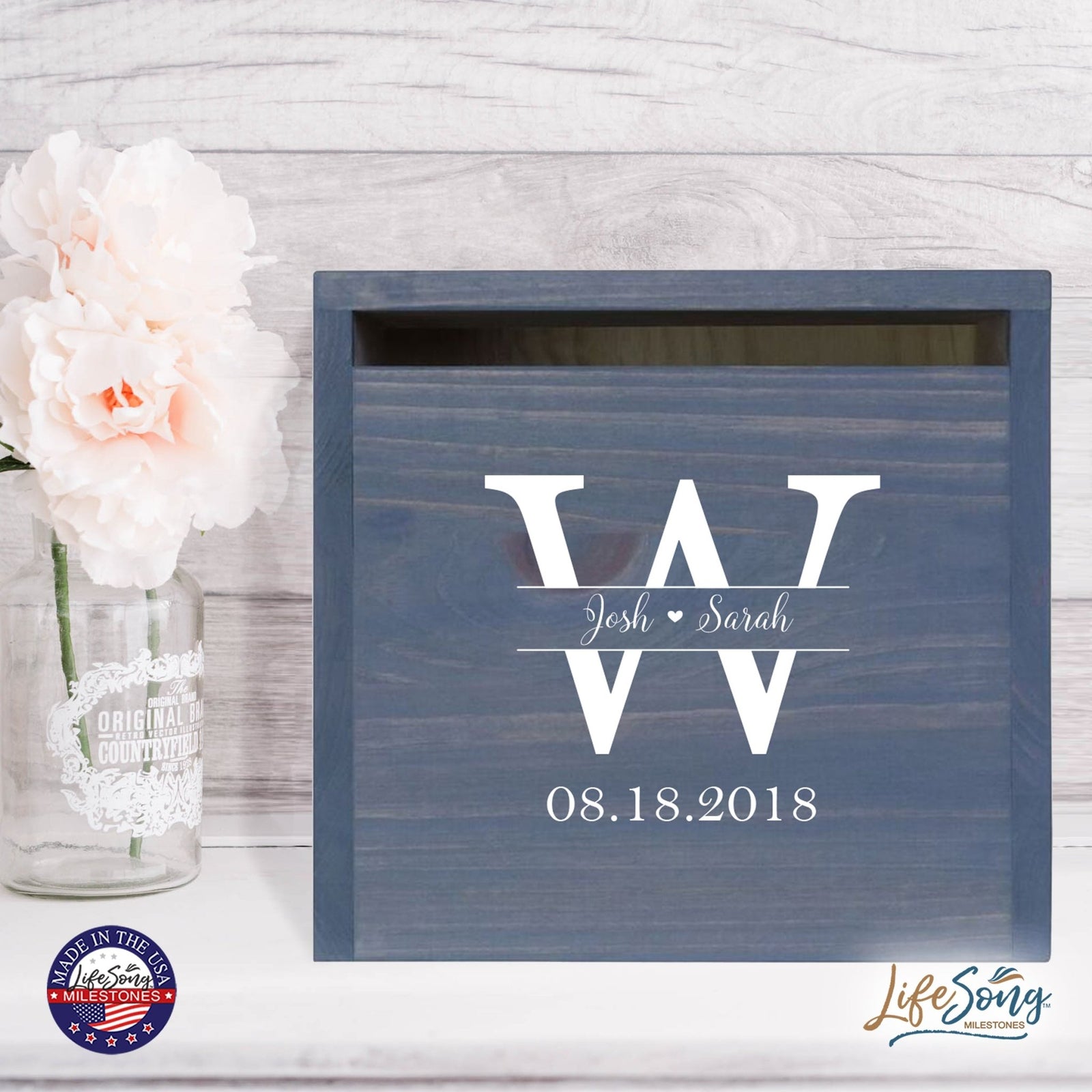 Personalized Wooden Card Box for Wedding Ceremonies, Venues, Receptions, Bridal Showers, and Engagement Parties 13.5x12 - Josh & Sarah (W) - LifeSong Milestones