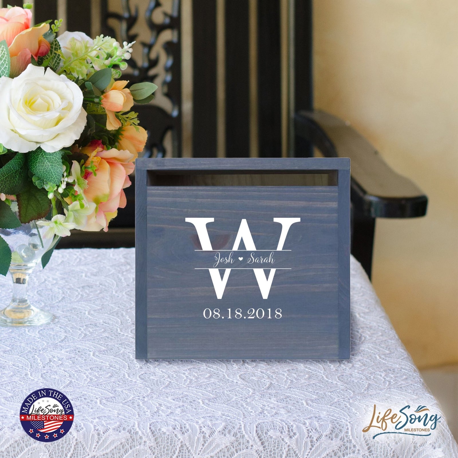 Personalized Wooden Card Box for Wedding Ceremonies, Venues, Receptions, Bridal Showers, and Engagement Parties 13.5x12 - Josh & Sarah (W) - LifeSong Milestones