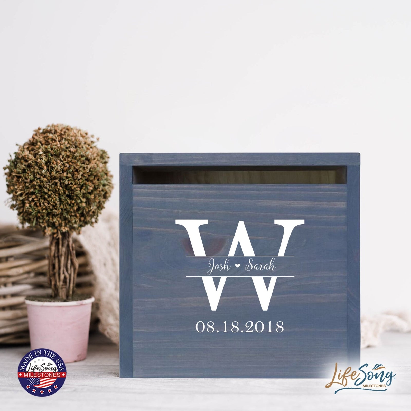 Personalized Wooden Card Box for Wedding Ceremonies, Venues, Receptions, Bridal Showers, and Engagement Parties 13.5x12 - Josh & Sarah (W) - LifeSong Milestones