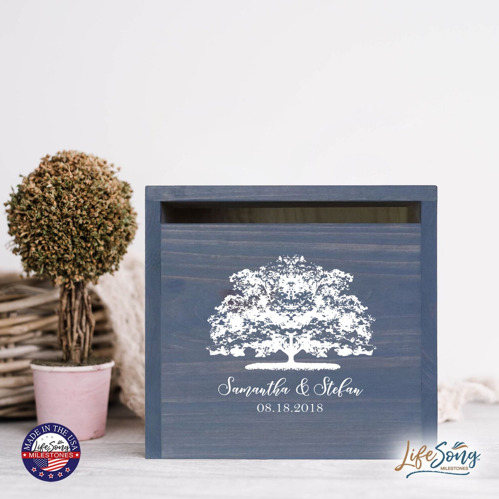 Personalized Wooden Card Box for Wedding Ceremonies, Venues, Receptions, Bridal Showers, and Engagement Parties 13.5x12 - Samantha & Stefan (Tree) - LifeSong Milestones