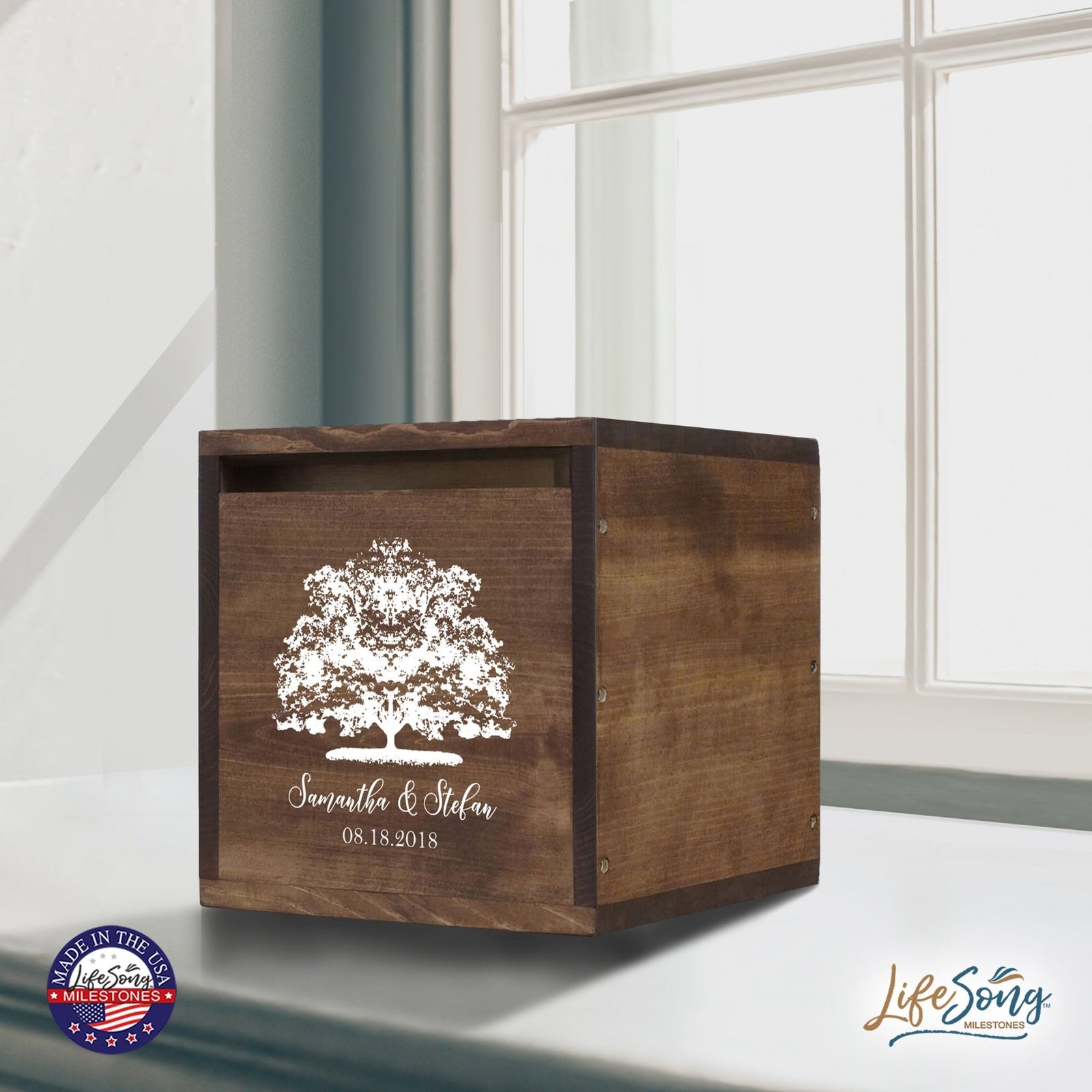 Personalized Wooden Card Box for Wedding Ceremonies, Venues, Receptions, Bridal Showers, and Engagement Parties 13.5x12 - Samantha & Stefan (Tree) - LifeSong Milestones