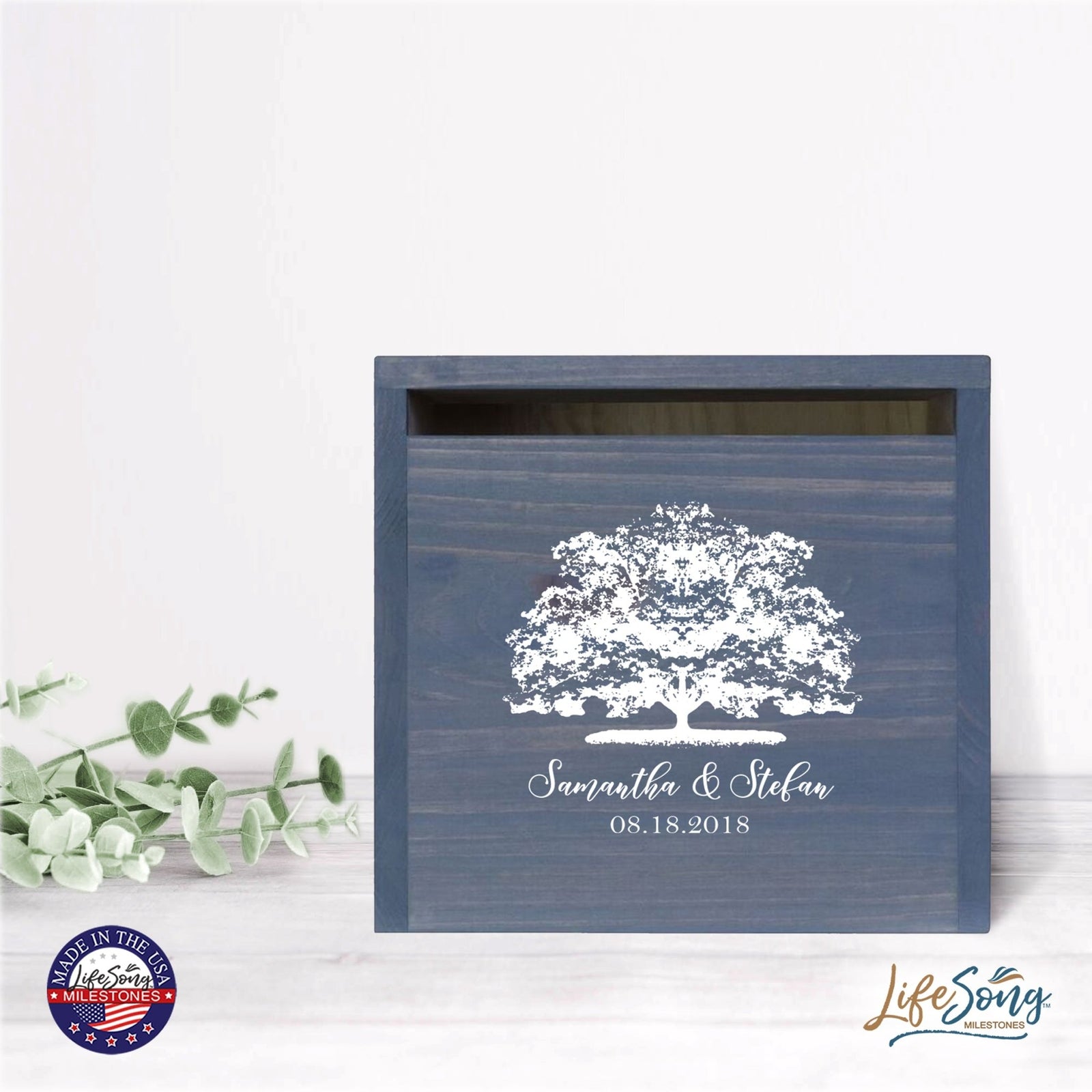 Personalized Wooden Card Box for Wedding Ceremonies, Venues, Receptions, Bridal Showers, and Engagement Parties 13.5x12 - Samantha & Stefan (Tree) - LifeSong Milestones