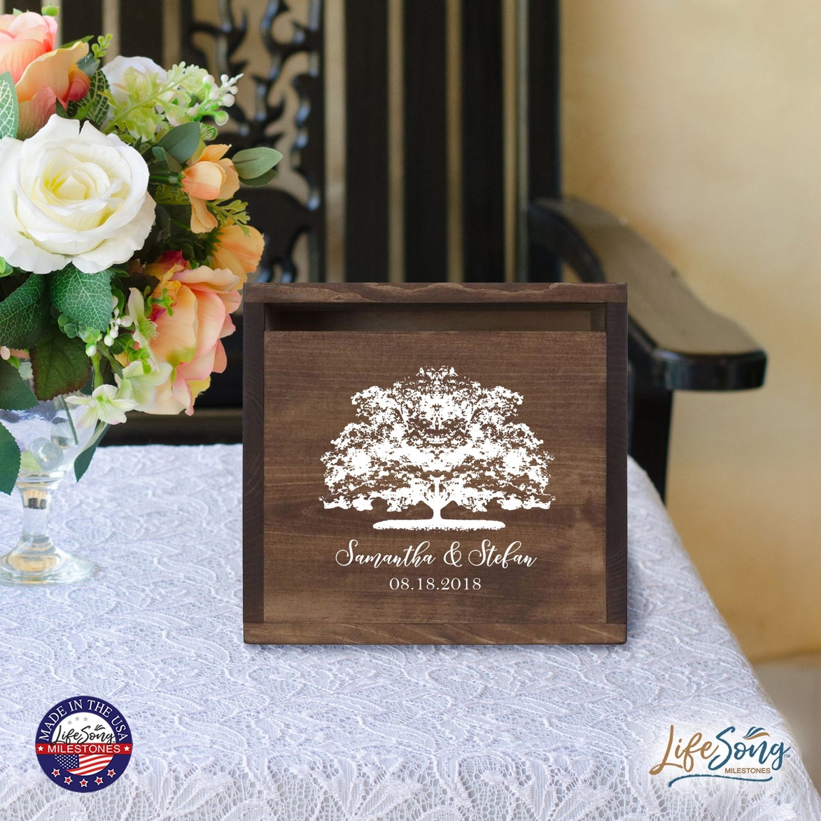 Personalized Wooden Card Box for Wedding Ceremonies, Venues, Receptions, Bridal Showers, and Engagement Parties 13.5x12 - Samantha & Stefan (Tree) - LifeSong Milestones