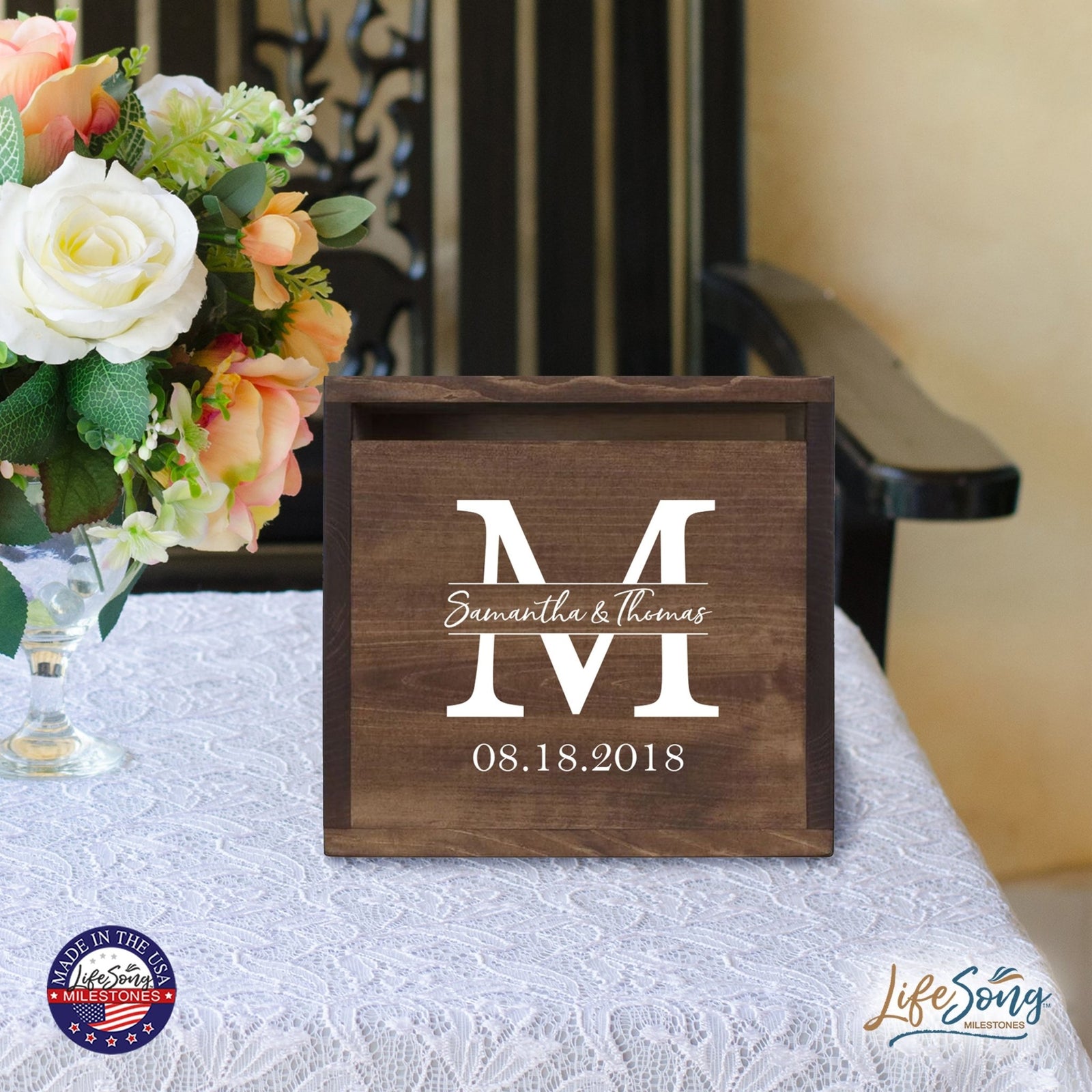 Personalized Wooden Card Box for Wedding Ceremonies, Venues, Receptions, Bridal Showers, and Engagement Parties 13.5x12 - Samatha & Thomas (M) - LifeSong Milestones