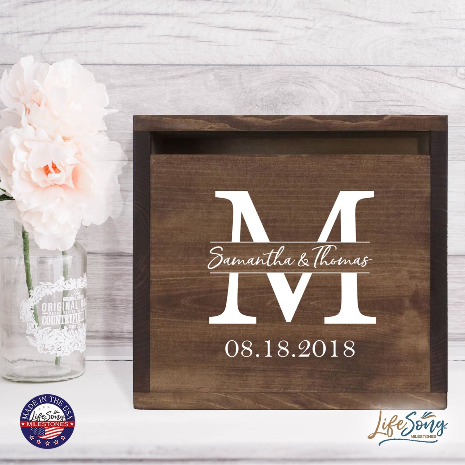 Personalized Wooden Card Box for Wedding Ceremonies, Venues, Receptions, Bridal Showers, and Engagement Parties 13.5x12 - Samatha & Thomas (M) - LifeSong Milestones