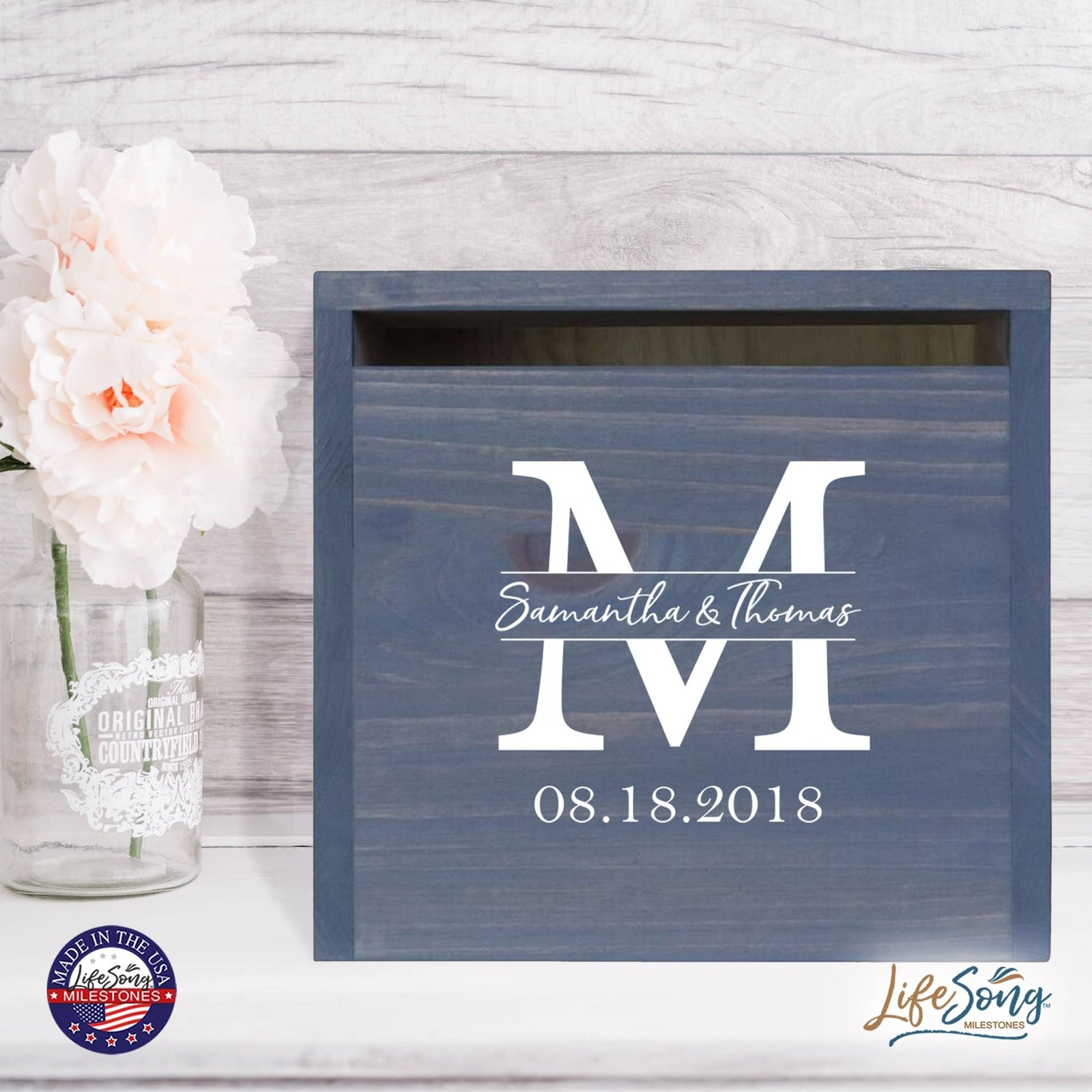 Personalized Wooden Card Box for Wedding Ceremonies, Venues, Receptions, Bridal Showers, and Engagement Parties 13.5x12 - Samatha & Thomas (M) - LifeSong Milestones