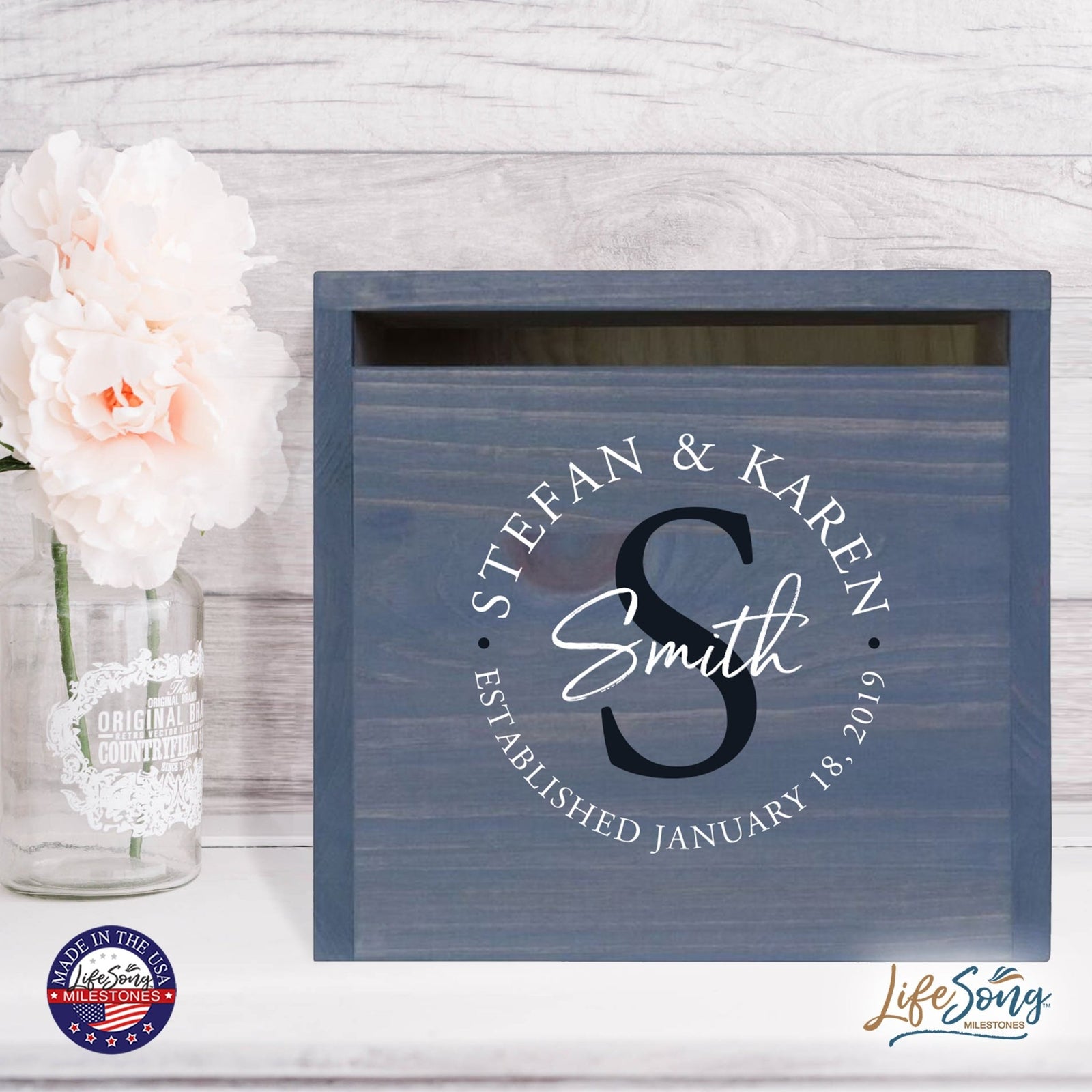 Personalized Wooden Card Box for Wedding Ceremonies, Venues, Receptions, Bridal Showers, and Engagement Parties 13.5x12 - Stefan & Karen (S) - LifeSong Milestones