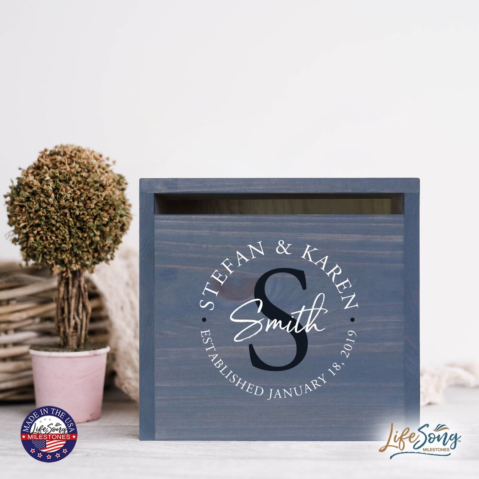 Personalized Wooden Card Box for Wedding Ceremonies, Venues, Receptions, Bridal Showers, and Engagement Parties 13.5x12 - Stefan & Karen (S) - LifeSong Milestones