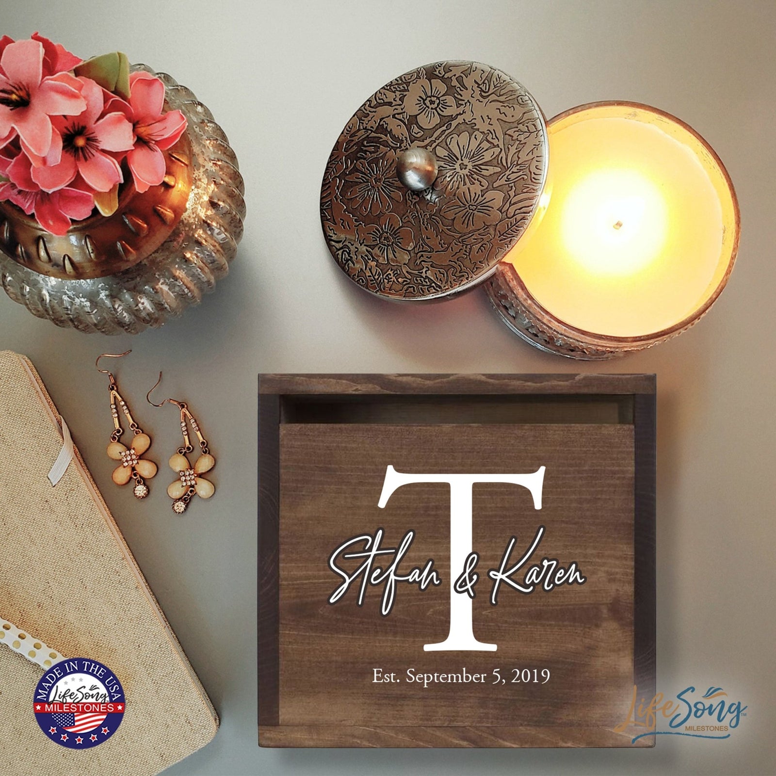 Personalized Wooden Card Box for Wedding Ceremonies, Venues, Receptions, Bridal Showers, and Engagement Parties 13.5x12 - Stefan & Karen (T) - LifeSong Milestones