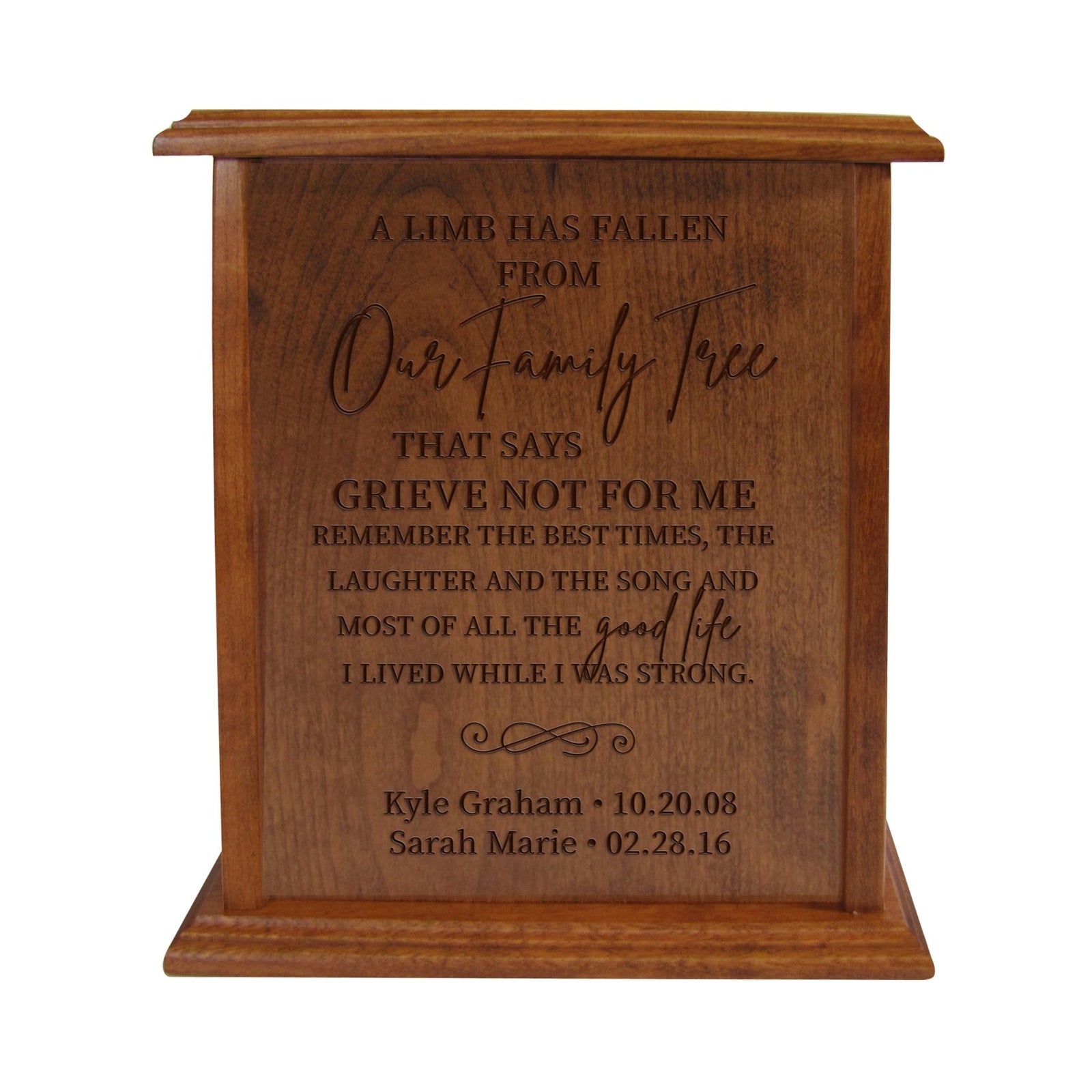Personalized Wooden Cremation Urn holds 272 cu in of Human Ashes A Limb Has Fallen 9.75”x 7”x8.5” - LifeSong Milestones