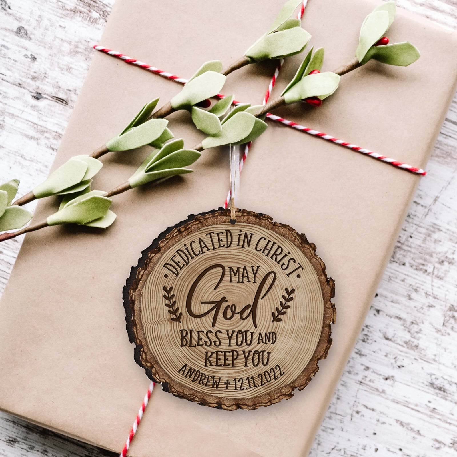 Personalized Wooden Dedication Barky Ornament - Dedicated In Christ - LifeSong Milestones