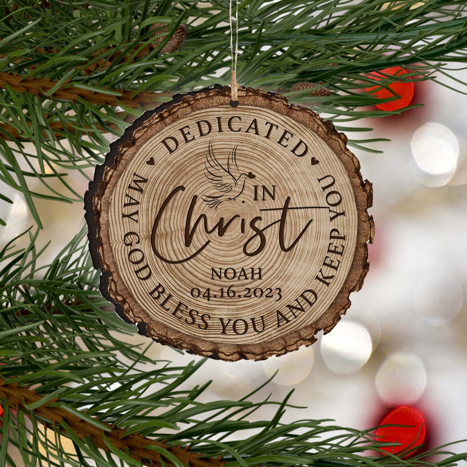 Personalized Wooden Dedication Barky Ornament - Dedicated In Christ - LifeSong Milestones