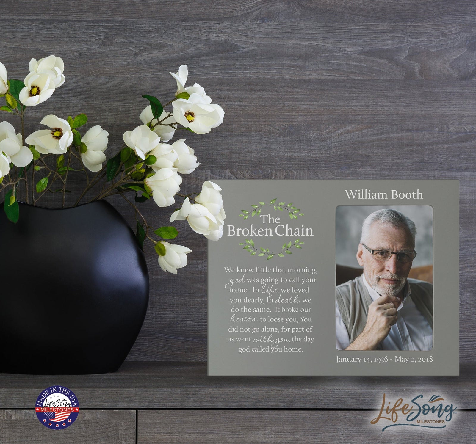 Personalized Wooden Memorial 8x10 Picture Frame holds 4x6 photo Broken Chain (wreath) - LifeSong Milestones