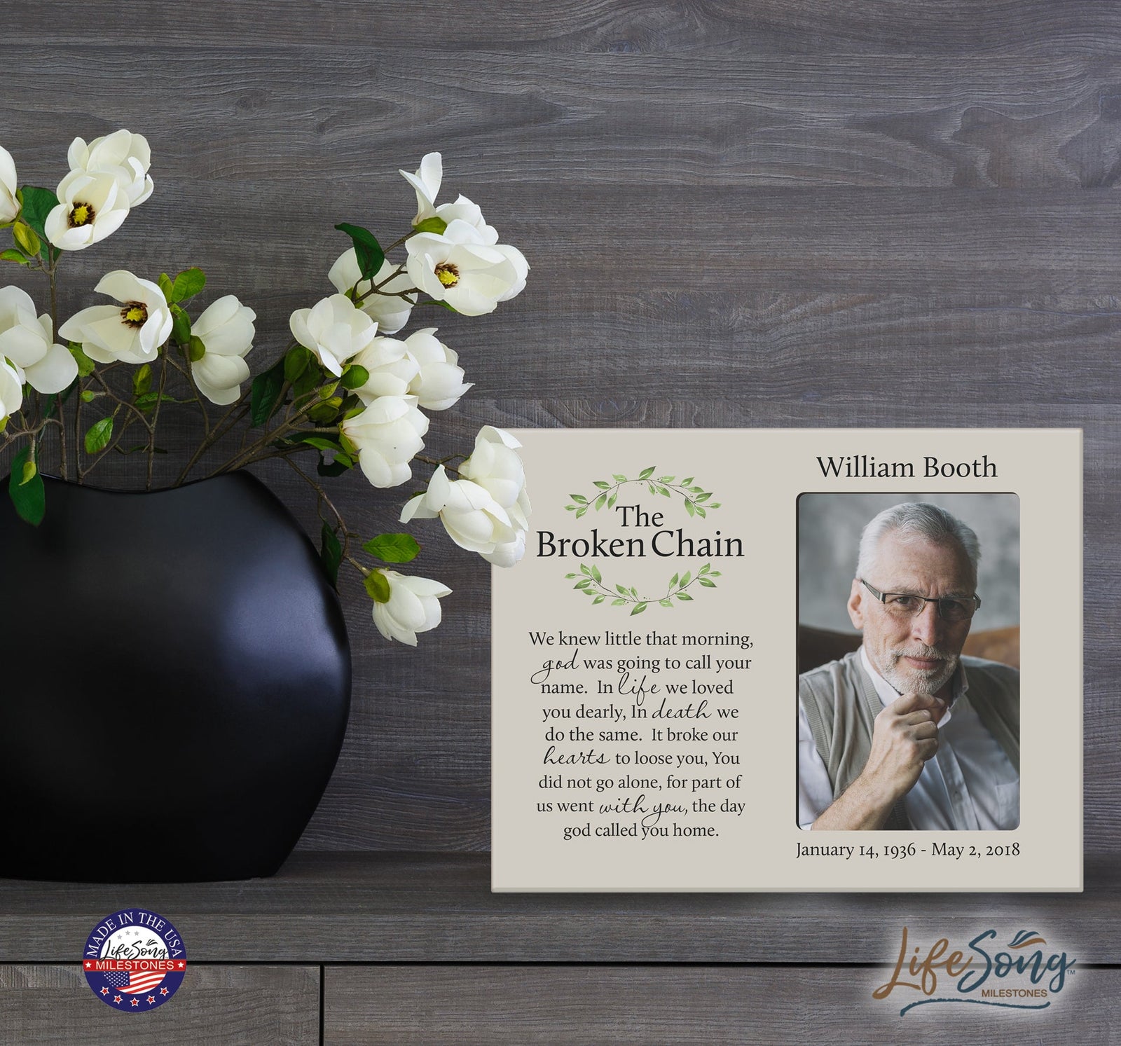 Personalized Wooden Memorial 8x10 Picture Frame holds 4x6 photo Broken Chain (wreath) - LifeSong Milestones