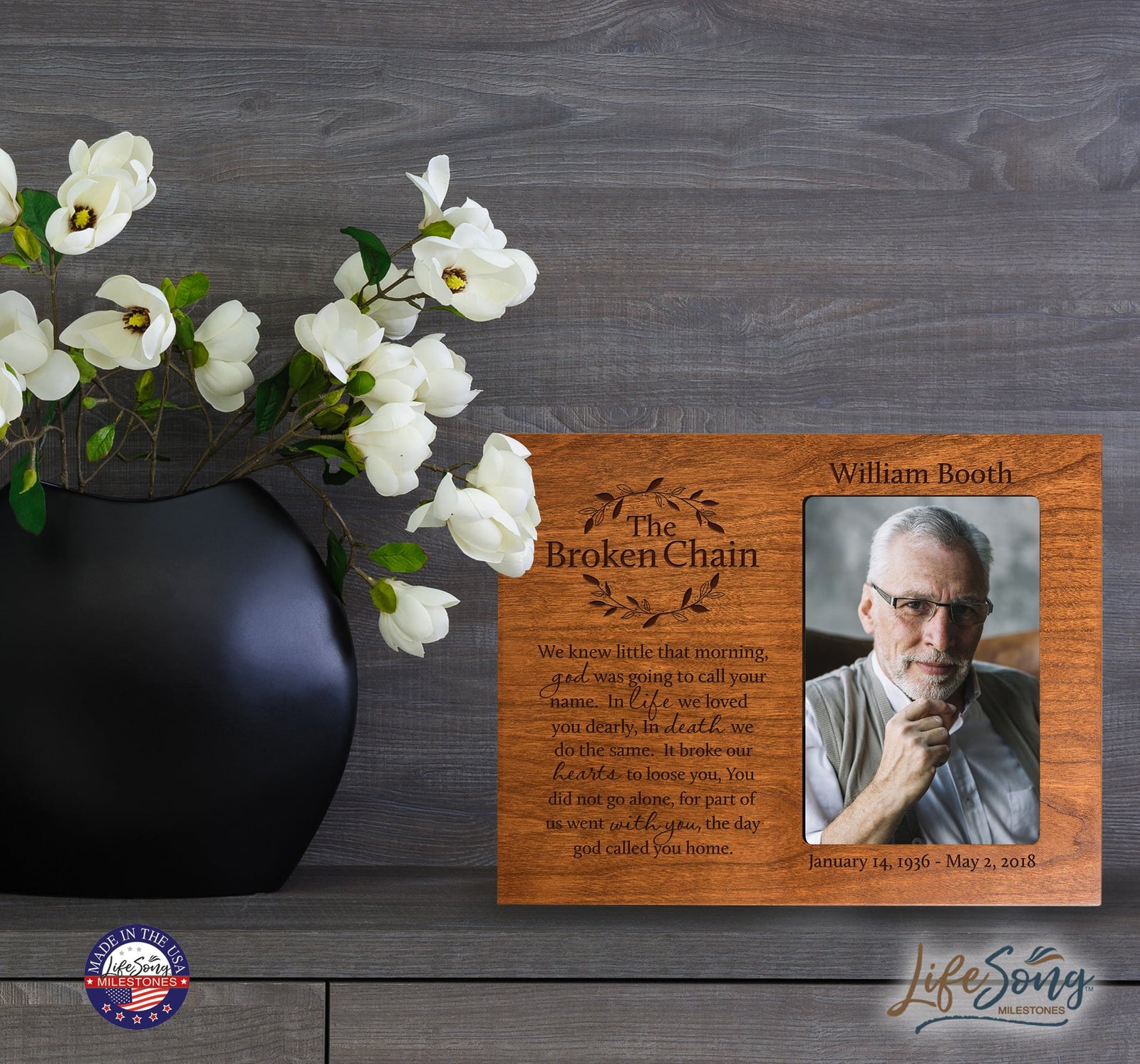 Personalized Wooden Memorial 8x10 Picture Frame holds 4x6 photo Broken Chain (wreath) - LifeSong Milestones
