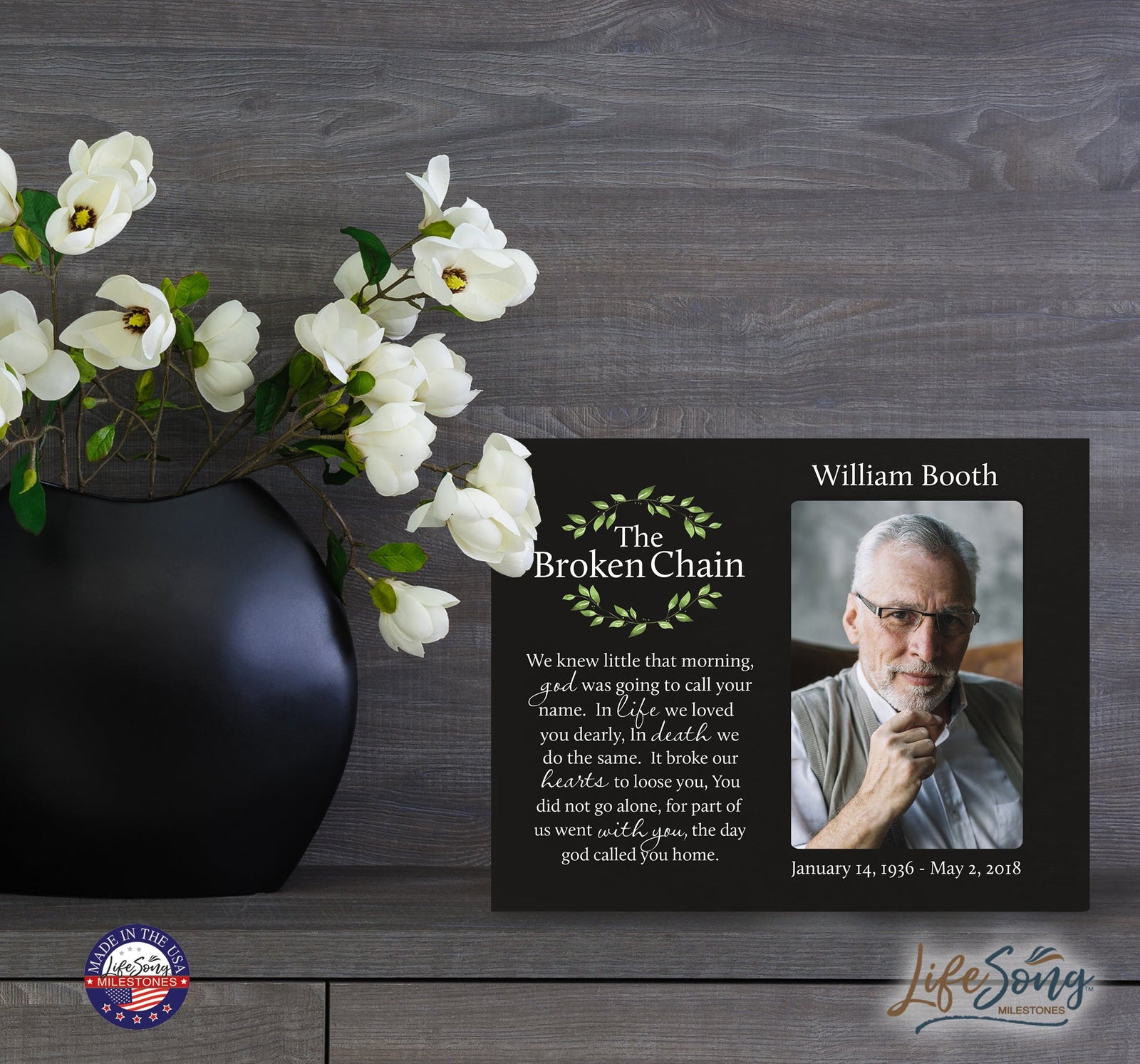 Personalized Wooden Memorial 8x10 Picture Frame holds 4x6 photo Broken Chain (wreath) - LifeSong Milestones