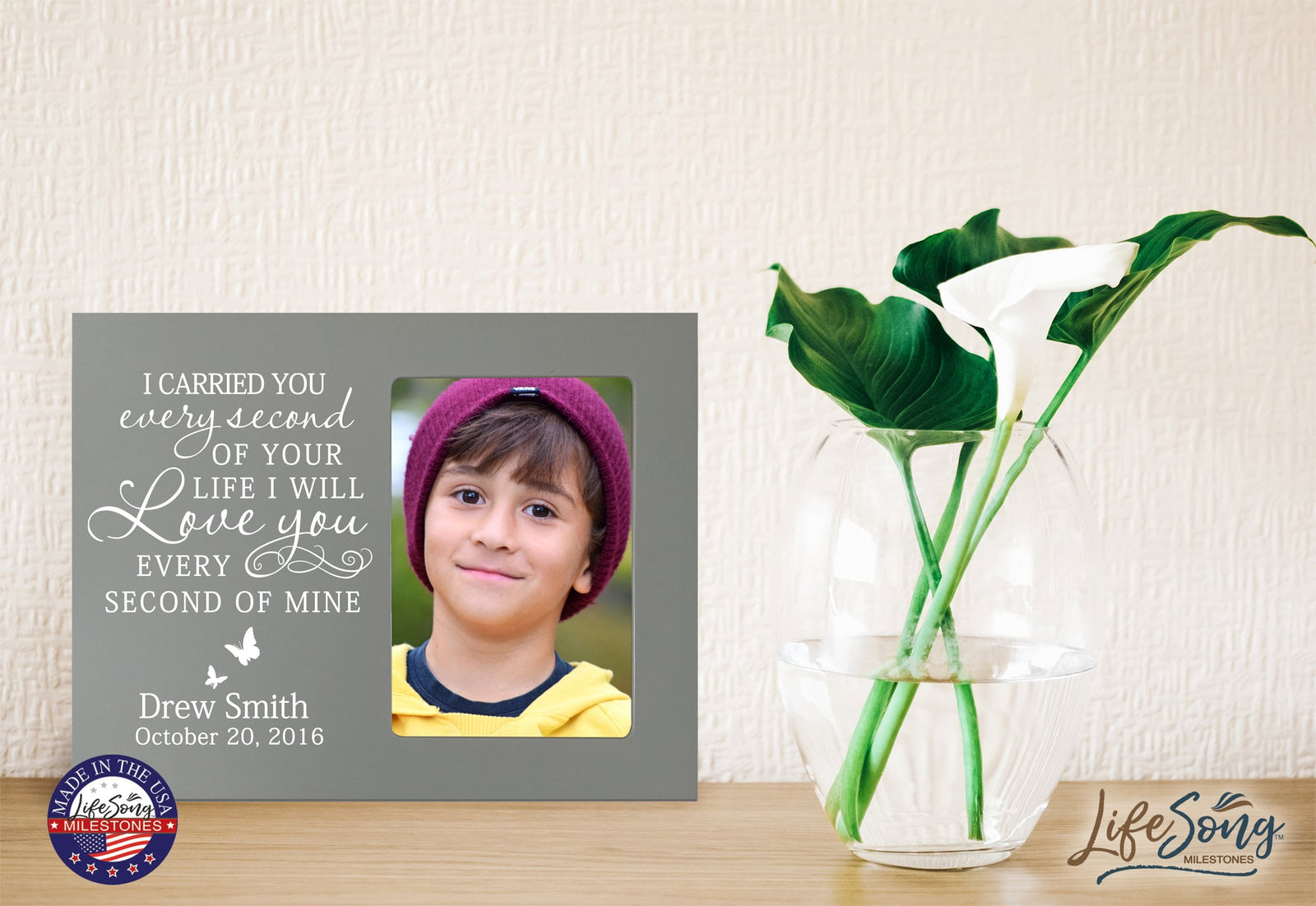 Personalized Wooden Memorial 8x10 Picture Frame holds 4x6 photo I Carried You Every Second - LifeSong Milestones