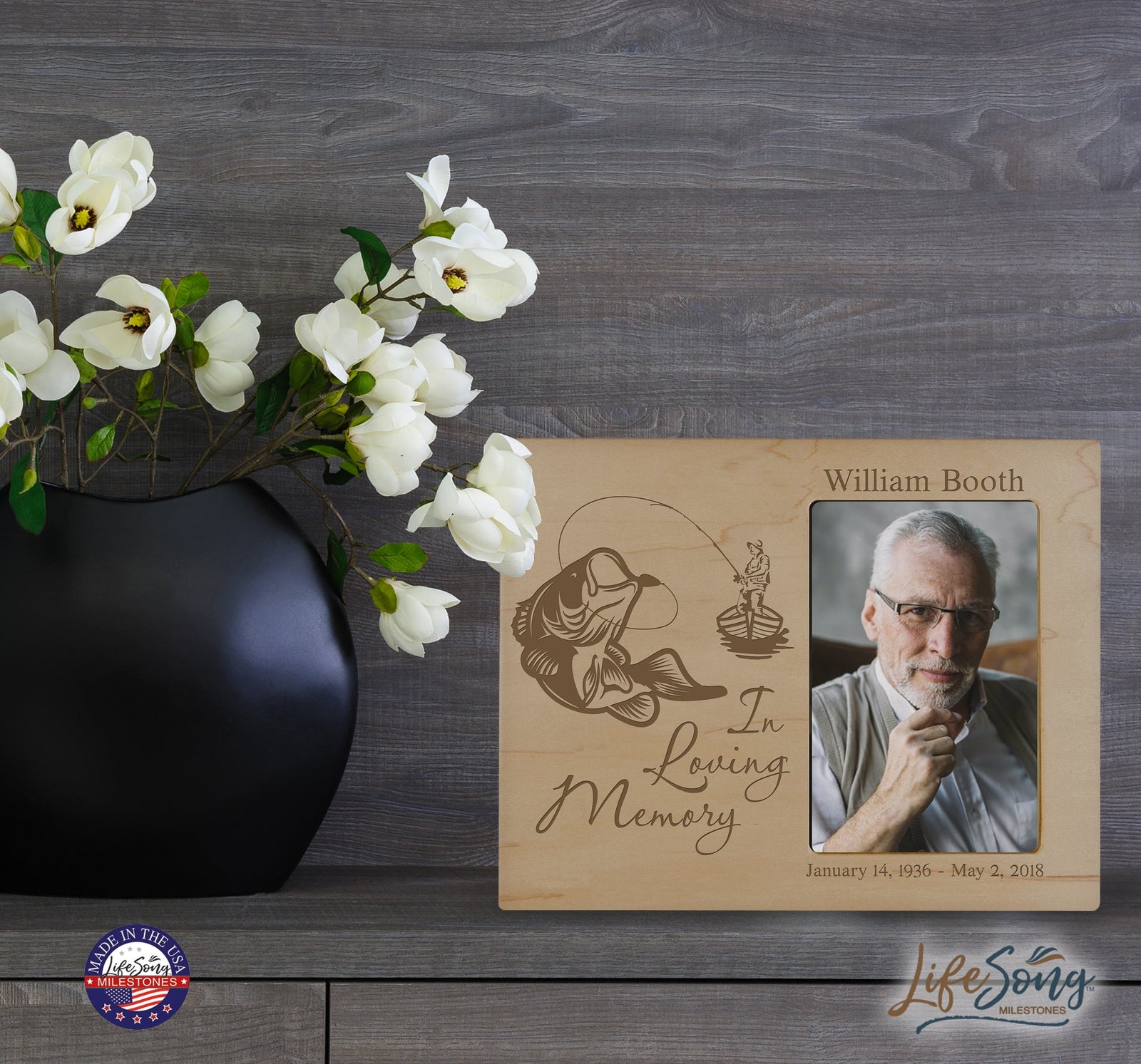 Personalized Wooden Memorial 8x10 Picture Frame holds 4x6 photo In Loving Memory (fisherman) - LifeSong Milestones