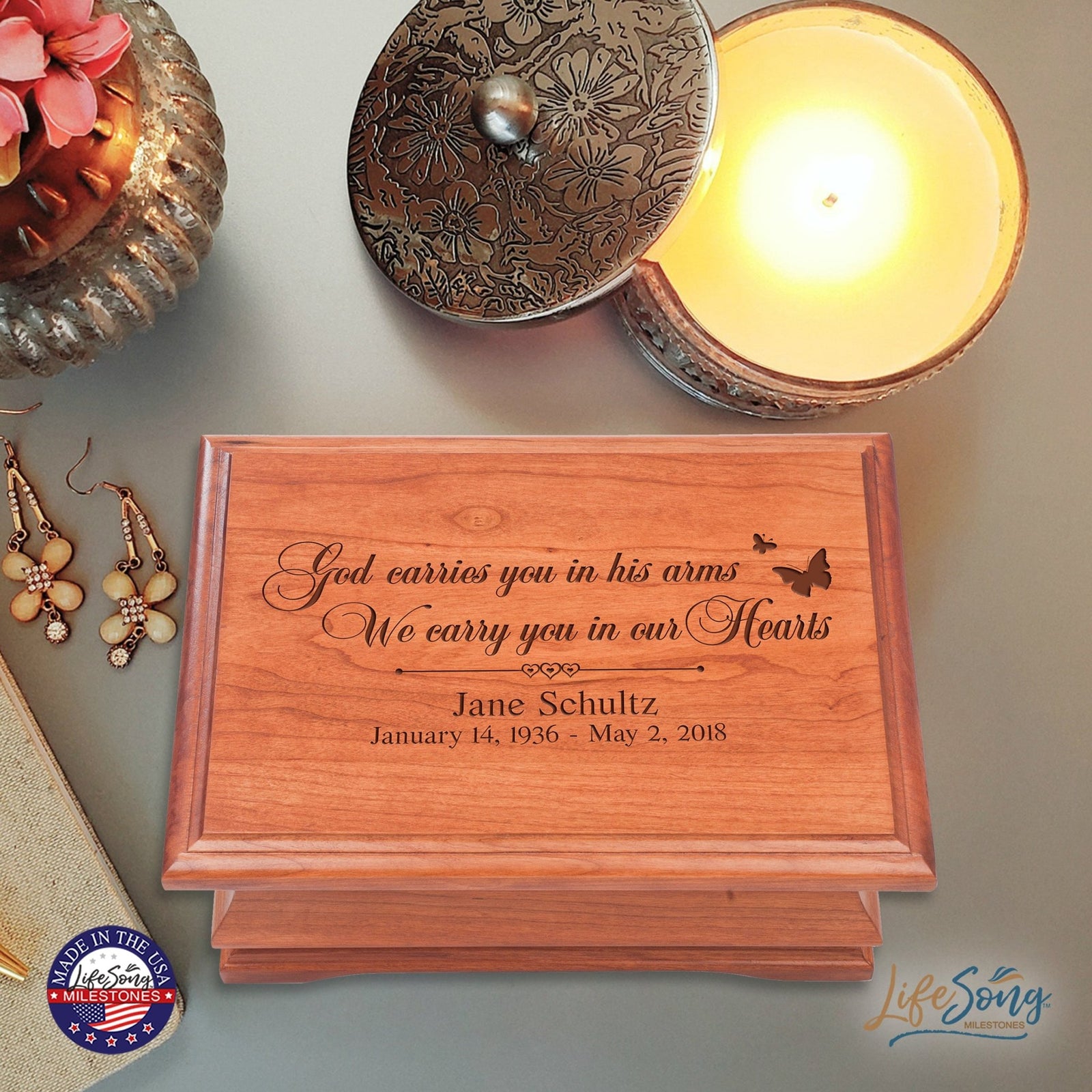 Personalized Wooden Memorial Jewelry Box Organizer 11.5x8.25 – God Carries You - LifeSong Milestones