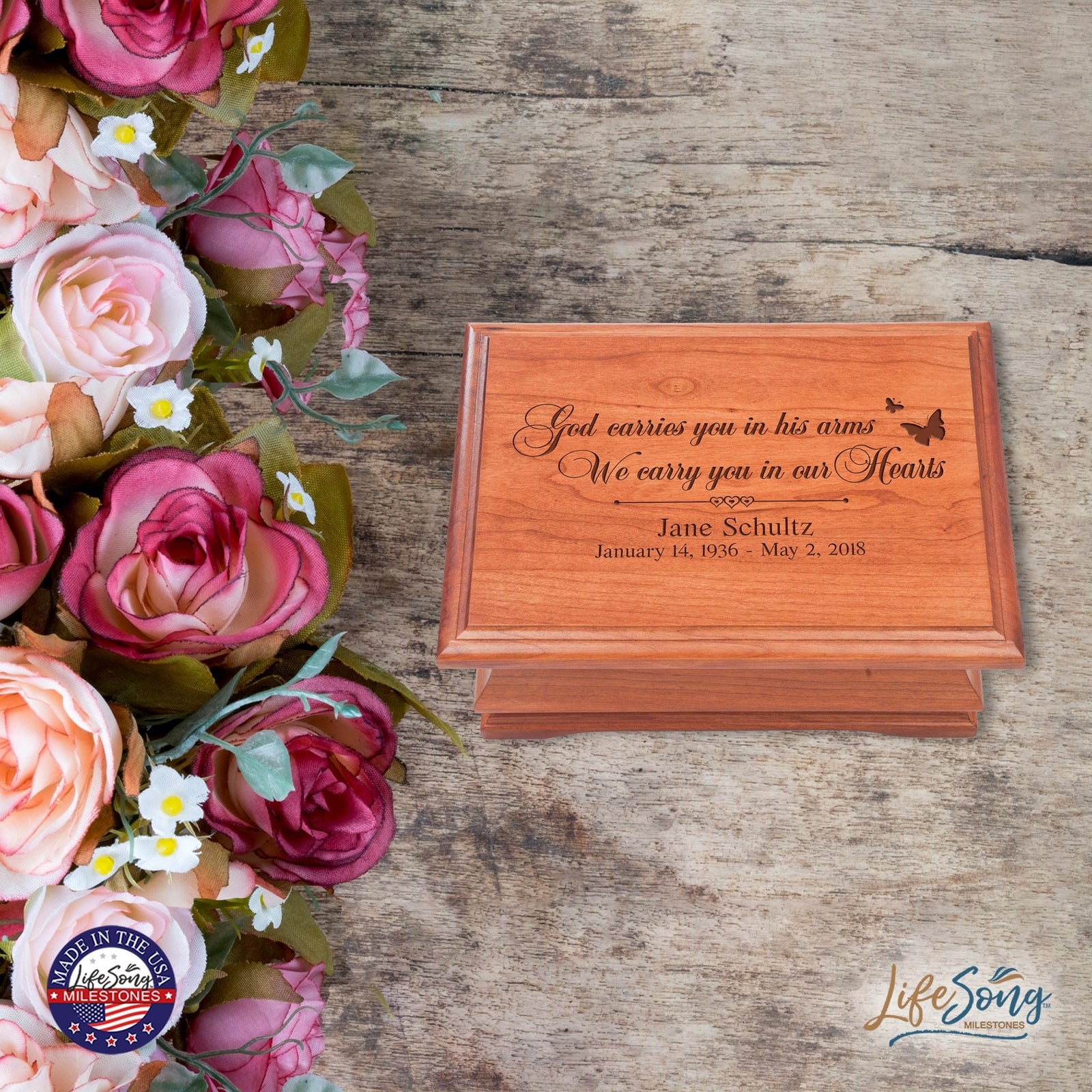 Personalized Wooden Memorial Jewelry Box Organizer 11.5x8.25 – God Carries You - LifeSong Milestones