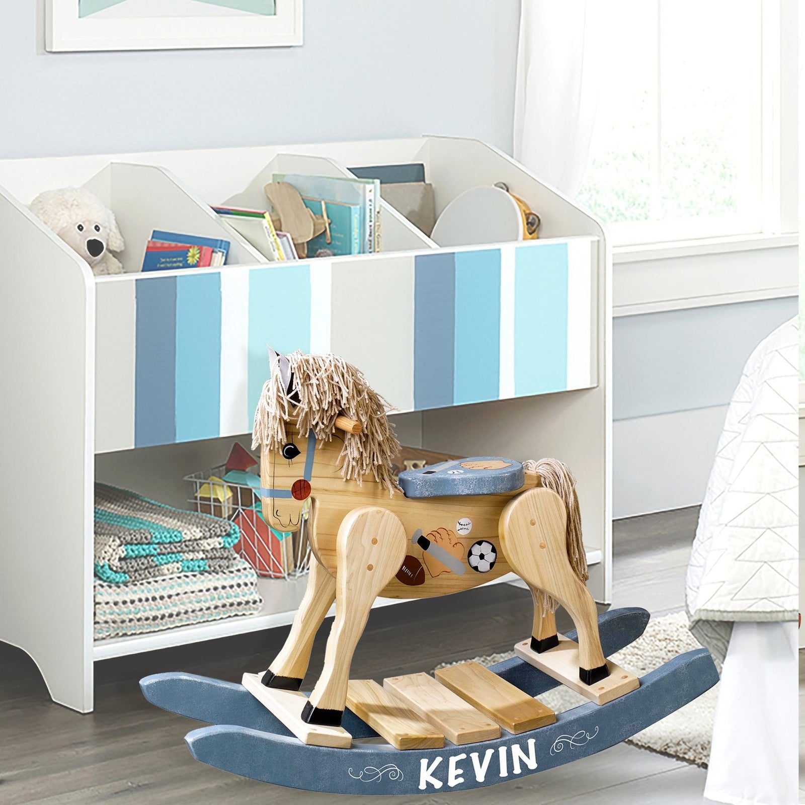 Wooden rocking horse stored in white toy shelf