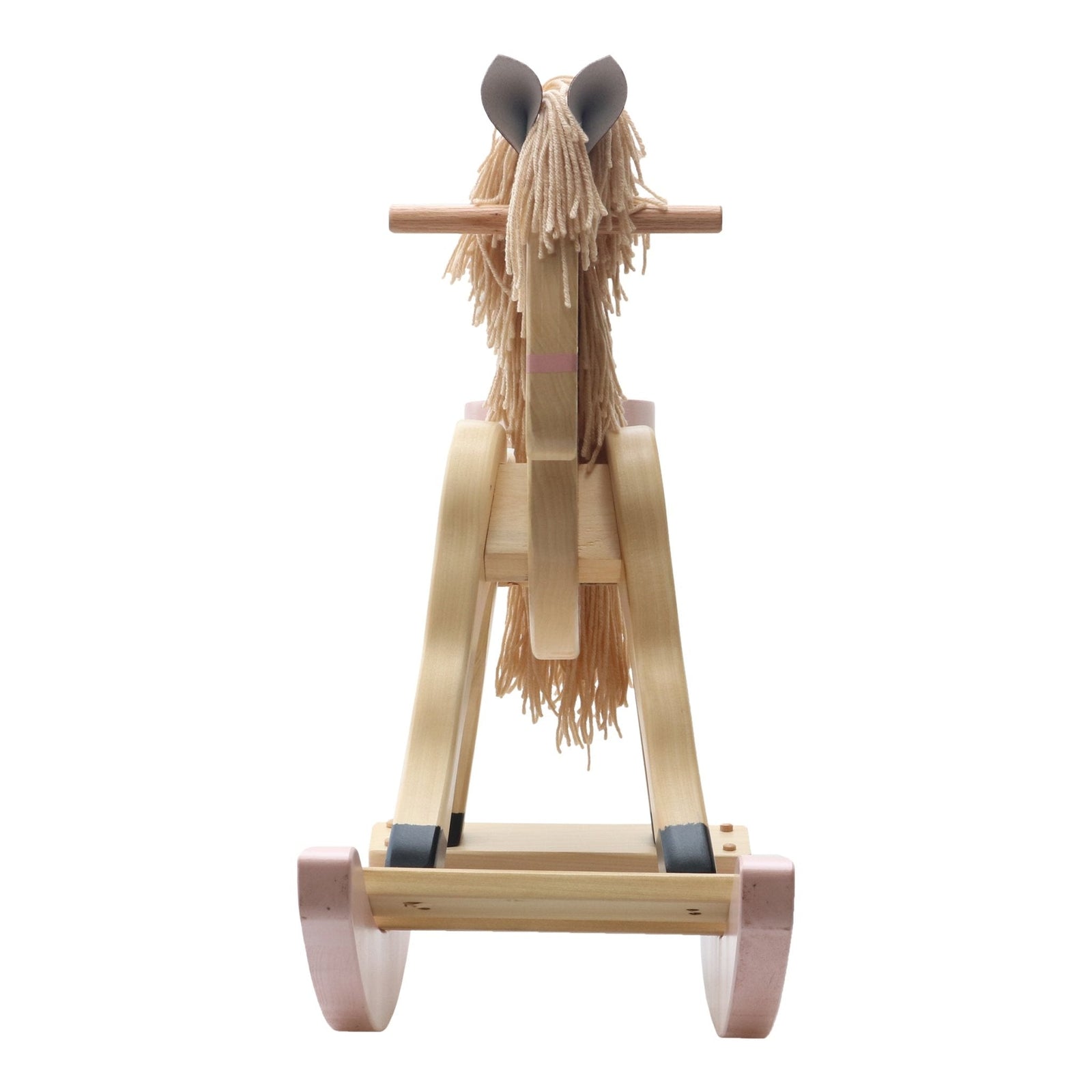 Front-facing wooden rocking horse on white background