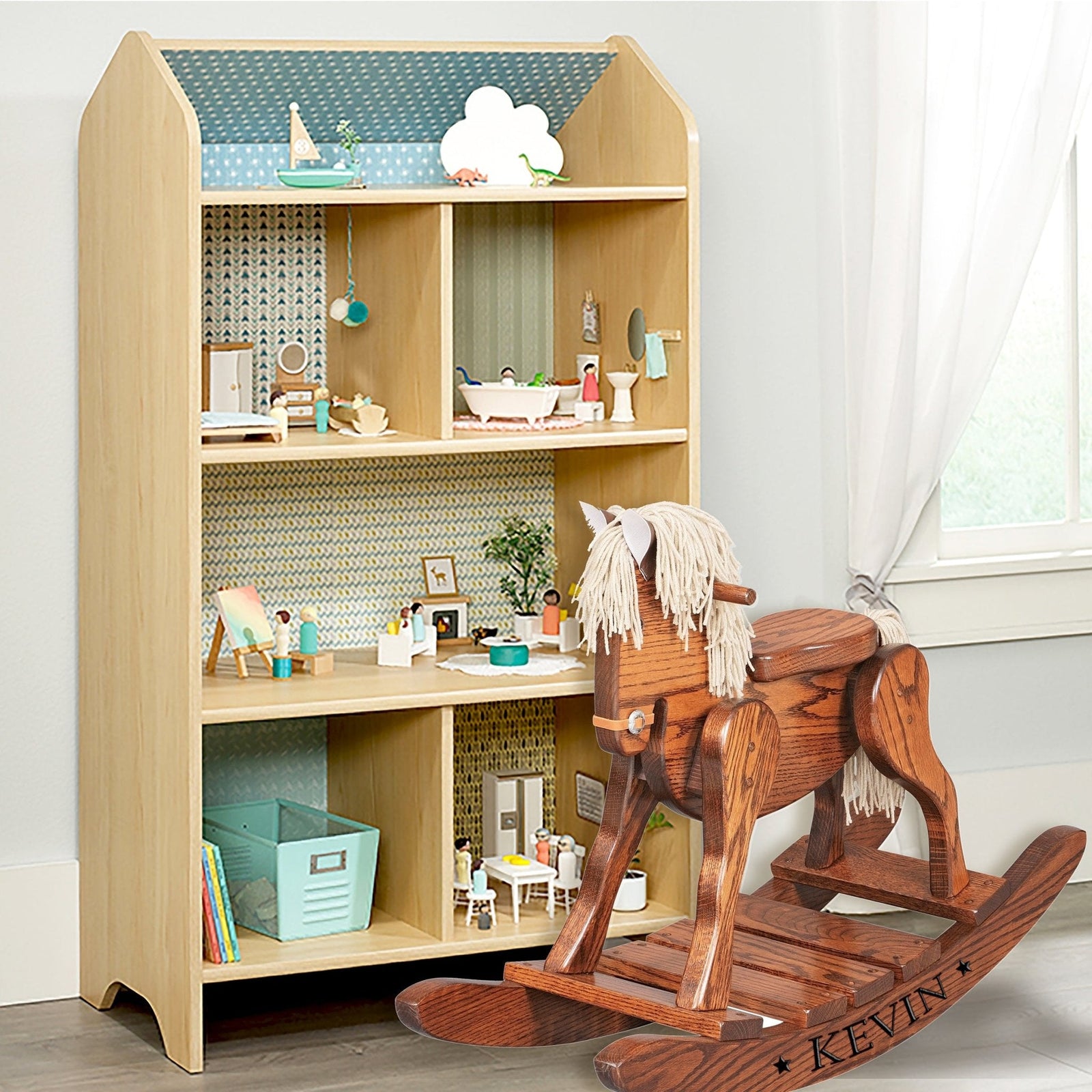 Wooden rocking horse displayed on light wood bookshelf
